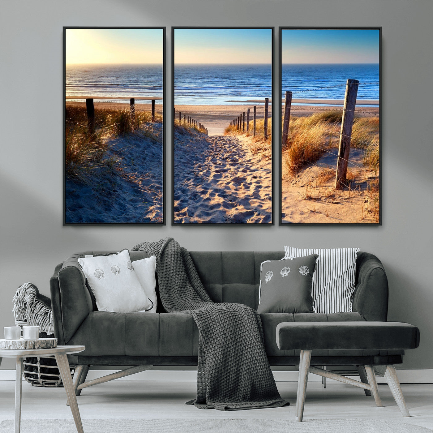 31889-MGV-CV-36X24-Sandy Beach Pathway Wall Art – Coastal Dune Fence and Ocean View Canvas Print, Relaxing Seaside Landscape Decor for Living Room or