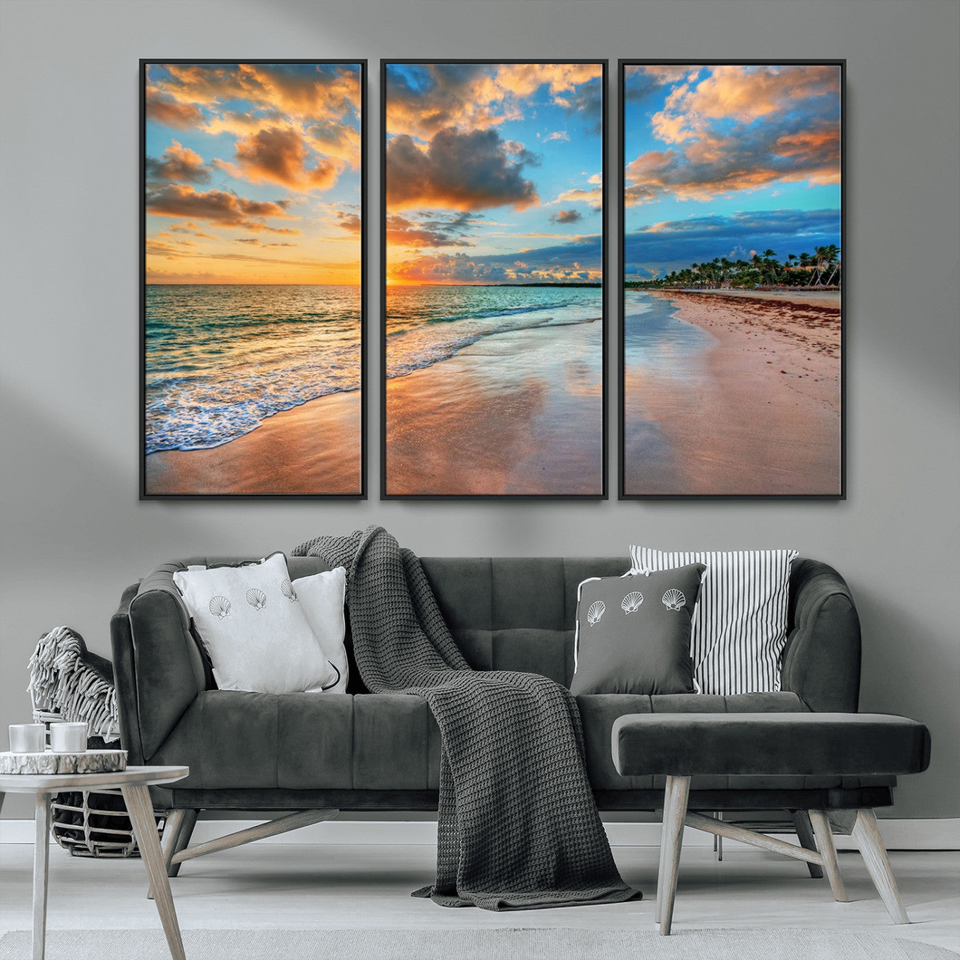41572-MGV-CV-36X24-Sunset Beach Wall Art – Ocean Waves and Palm Trees Canvas Print, Tropical Coastal Sunset Seascape Decor for Living Room, Bedroom