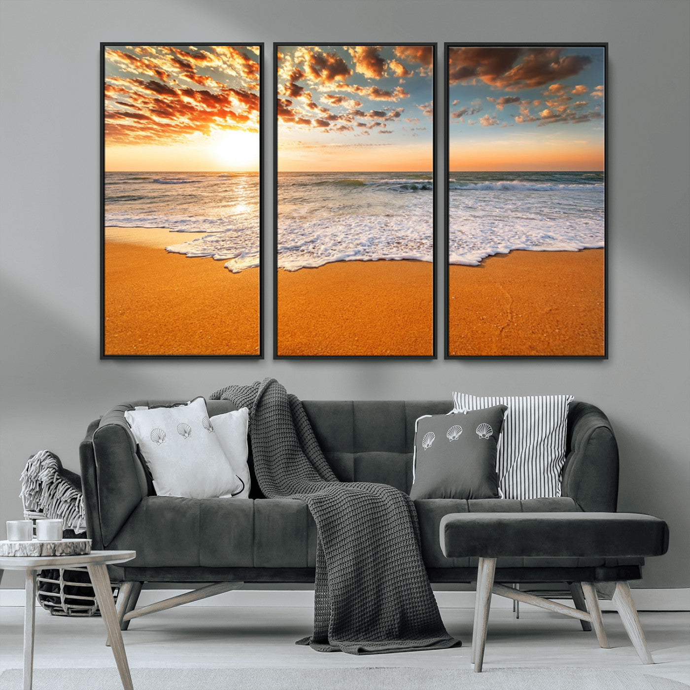 15399-MGV-CV-36X24-Golden Sunrise Beach Wall Art – Ocean Waves on Sandy Shore Canvas Print, Coastal Seascape Decor for Living Room or Bedroom