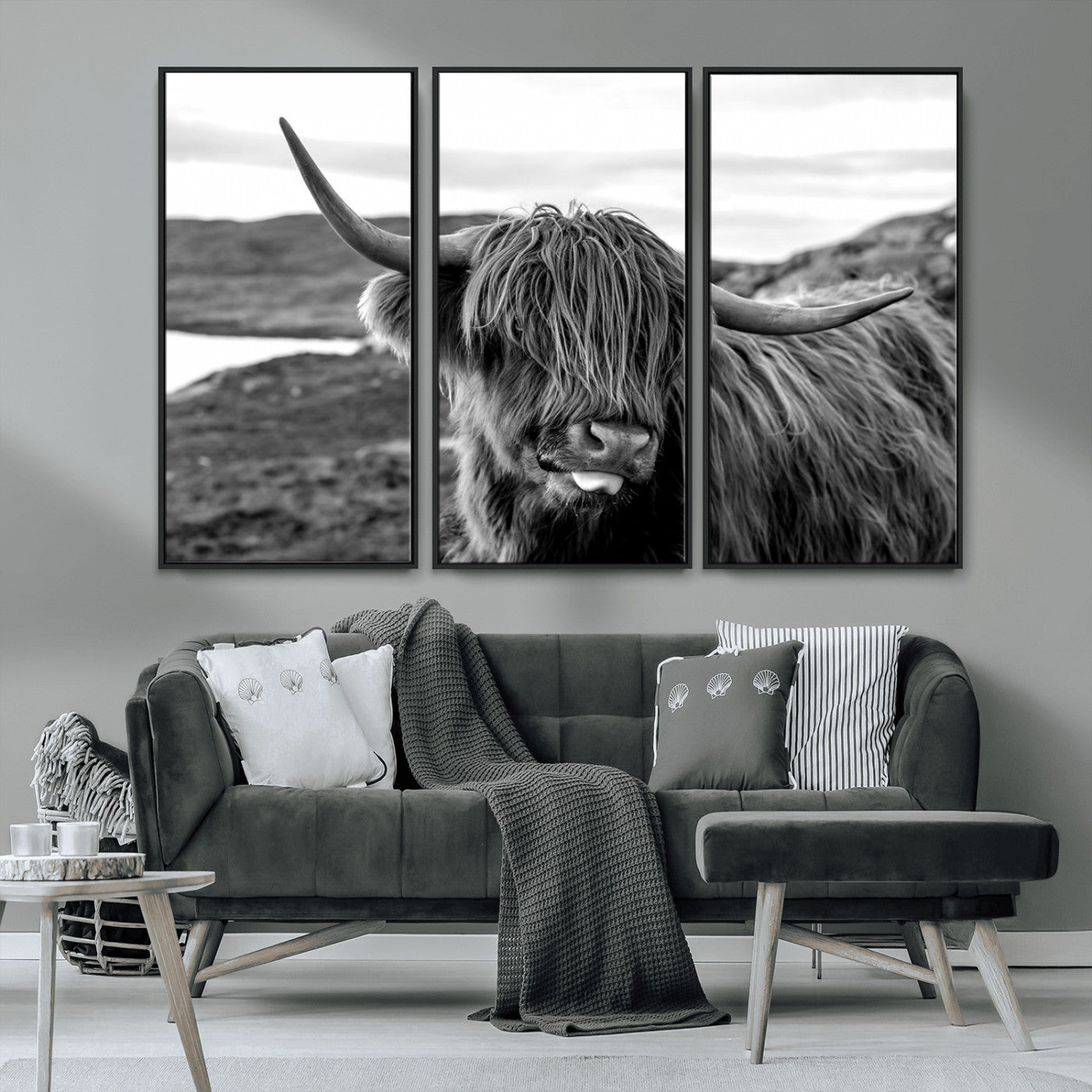 83810-MGV-CV-36X24-Highland Cow Wall Art – Black and White Highland Cattle Print, Rustic Farmhouse Animal Decor for Living Room