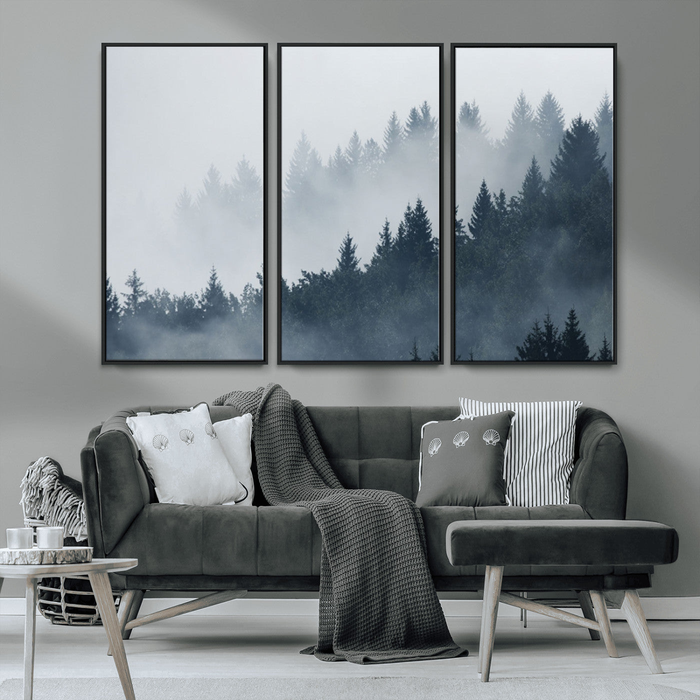 23671-MGV-FC-48X32-3P_Black-Misty Forest Wall Art – Serene Foggy Pine Trees Landscape Canvas Print, Tranquil Nature Decor for Living Room, Bedroom or Office
