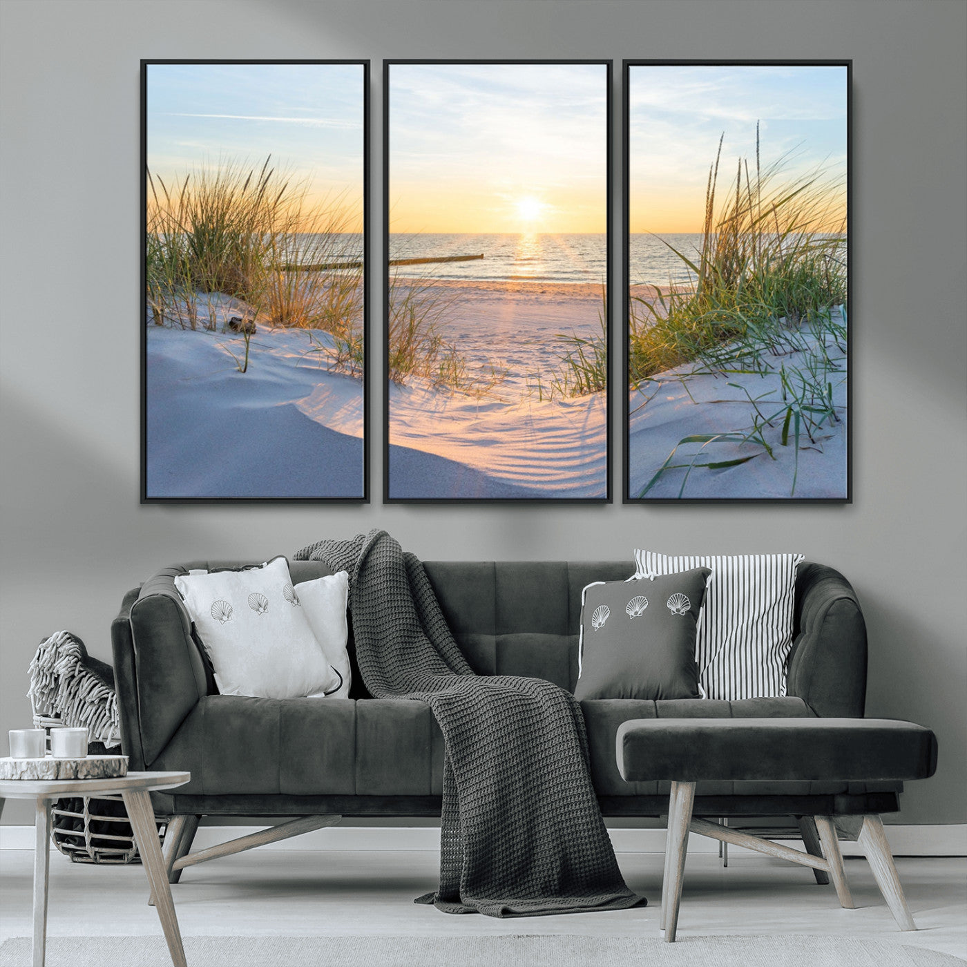 48907-MGV-CV-36X24-Beach Sunset Wall Art – Coastal Sand Dunes and Ocean View Canvas Print, Serene Seaside Landscape Painting for Living Room, Bedroom