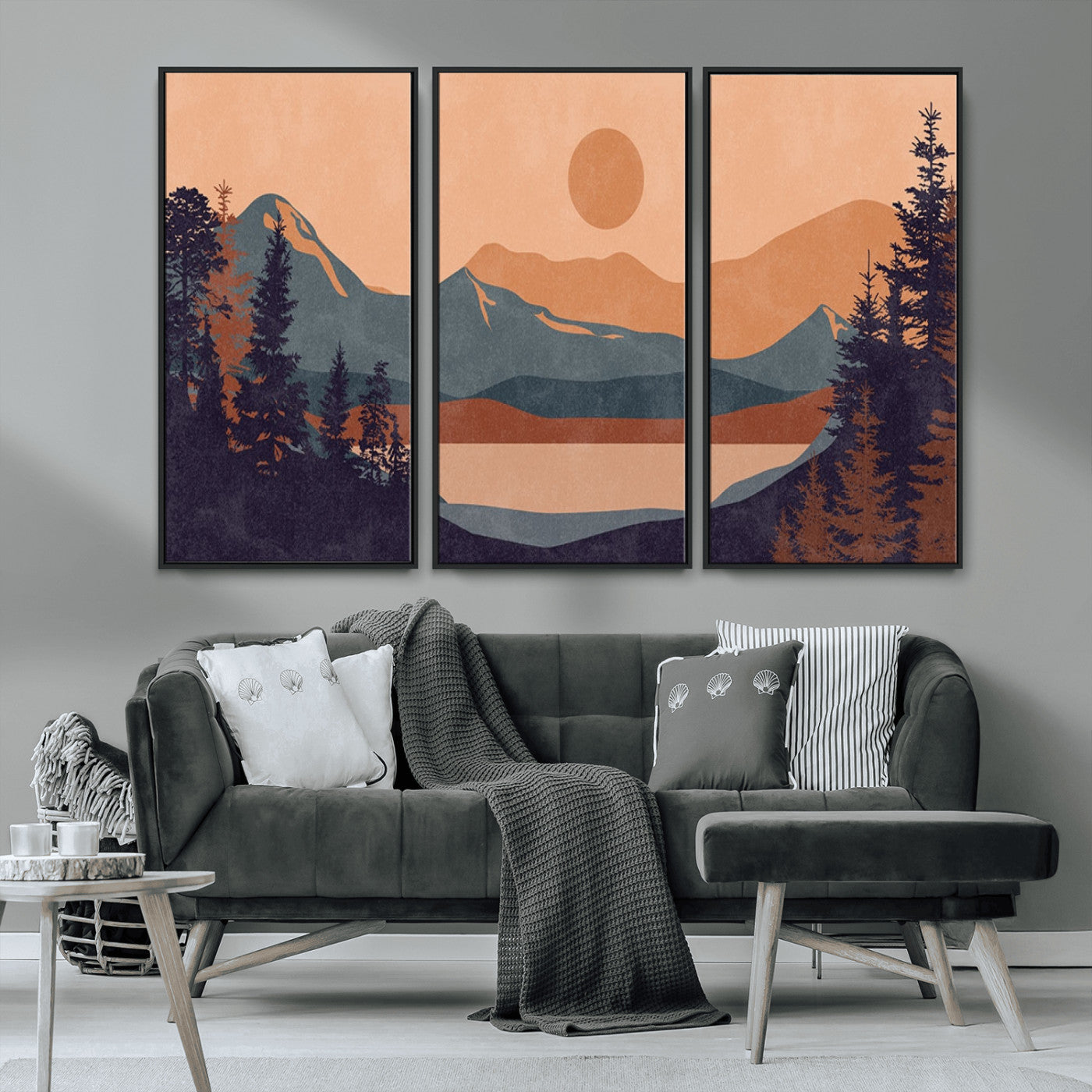 62795-MGV-FC-48X32-3P_Black-Minimalist Mountain Landscape Wall Art – Abstract Sunset Over Peaks and Pine Trees Canvas Print, Modern Nature Decor for Living