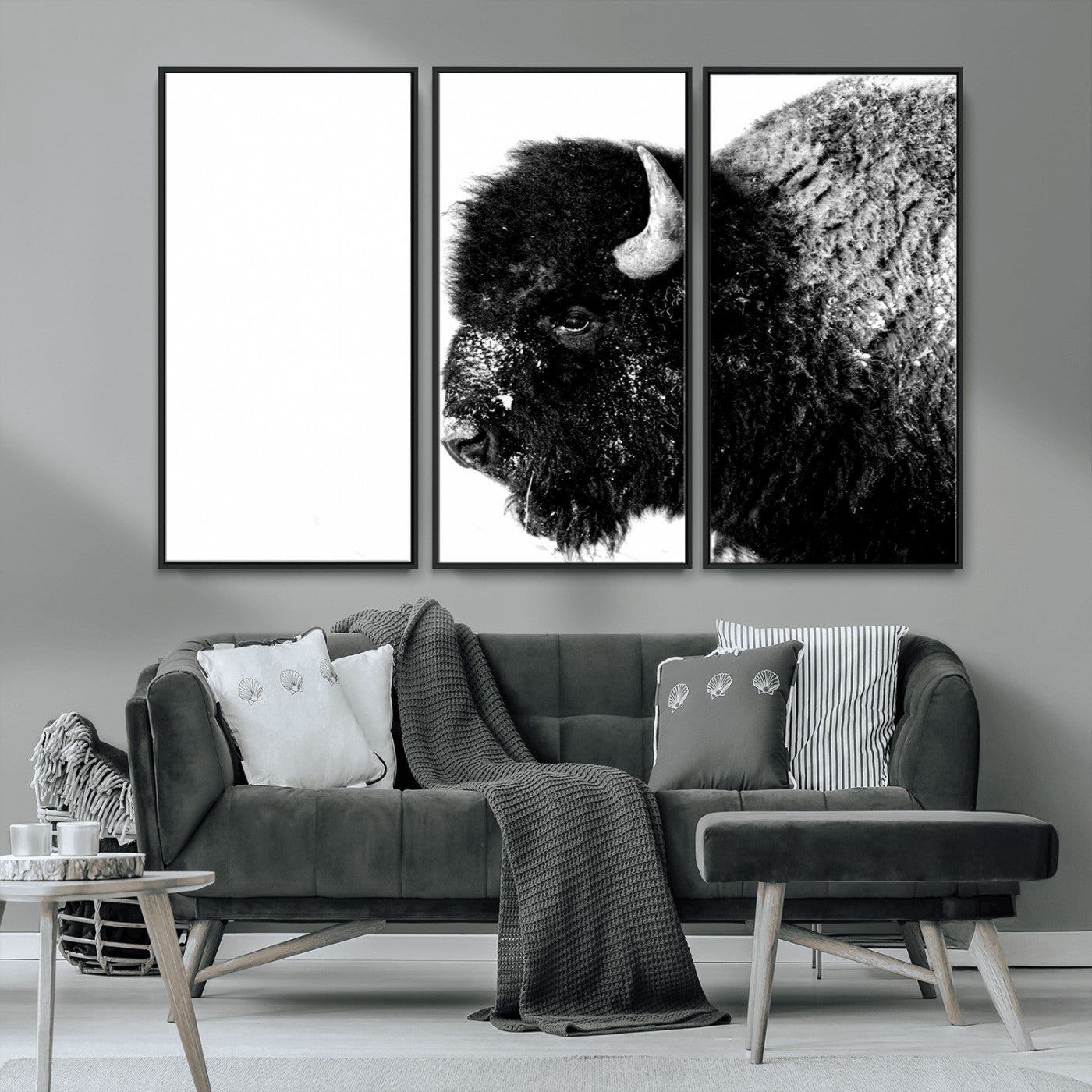 68780-MGV-CV-36X24-Bison Close-Up Wall Art – Black and White Buffalo Canvas Print, Rustic Wildlife Photography Decor for Living Room, Office, or