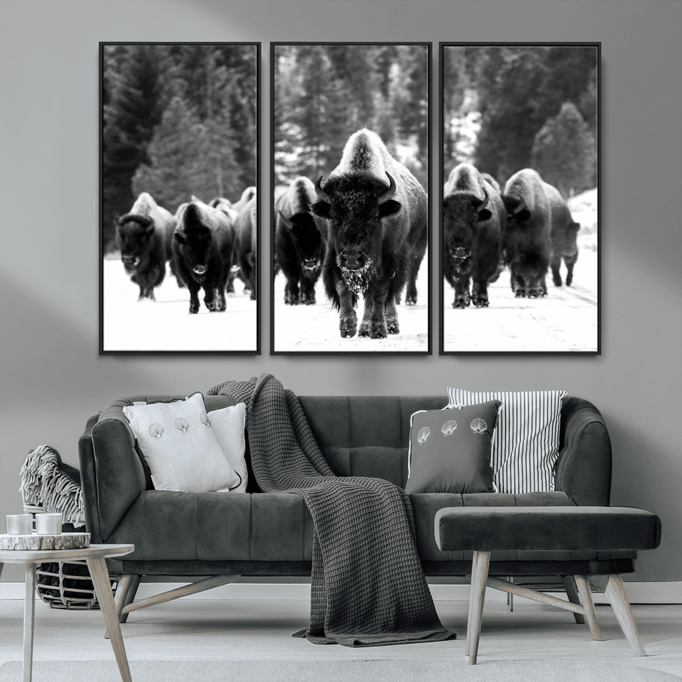 62434-MGV-CV-36X24-Bison Herd Wall Art – Majestic Black and White Buffalo Canvas Print, Wildlife Nature Photography Decor for Living Room, Office or