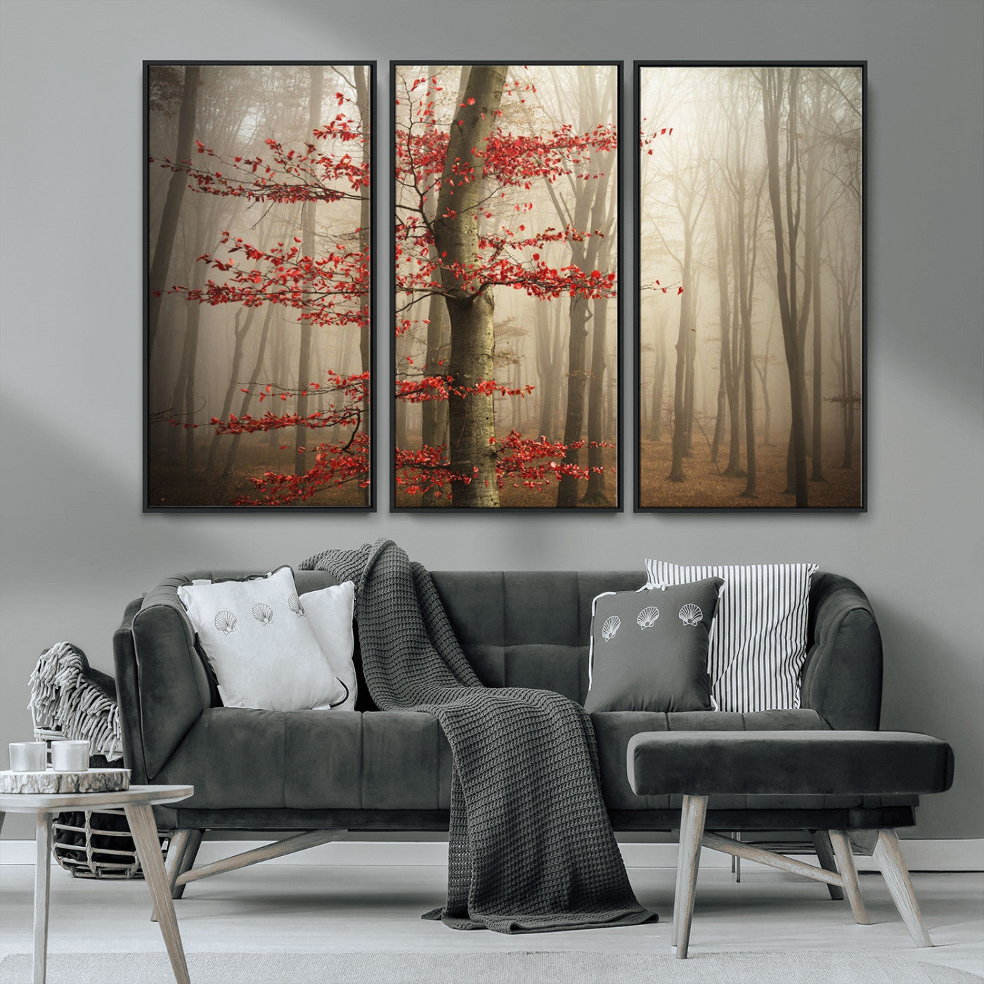 61855-MGV-CV-36X24-Misty Forest Wall Art – Red Tree with Autumn Leaves Canvas Print, Moody Woodland Nature Decor for Living Room, Bedroom, or Office