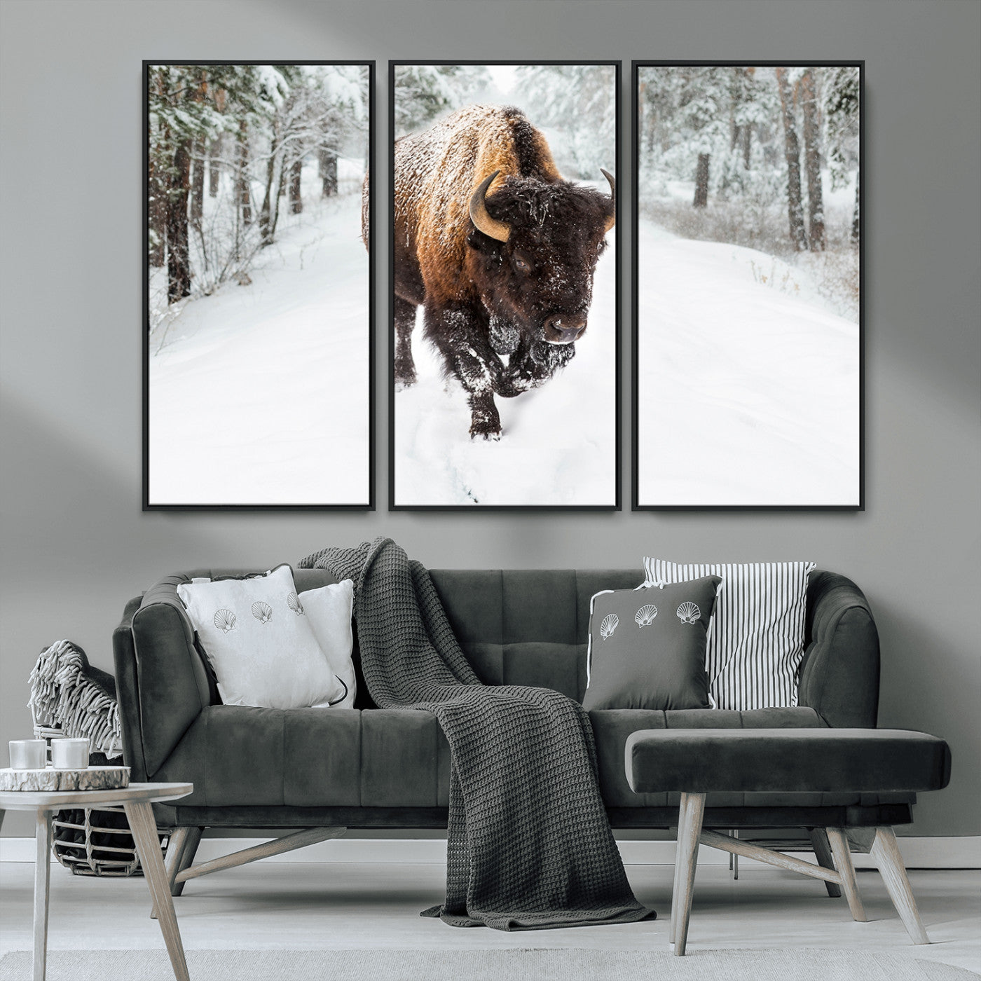 84699-MGV-CV-36X24-Bison in Winter Wall Art – Majestic Buffalo Canvas Print with Snowy Forest Landscape, Rustic Wildlife Artwork for Cabin, Living