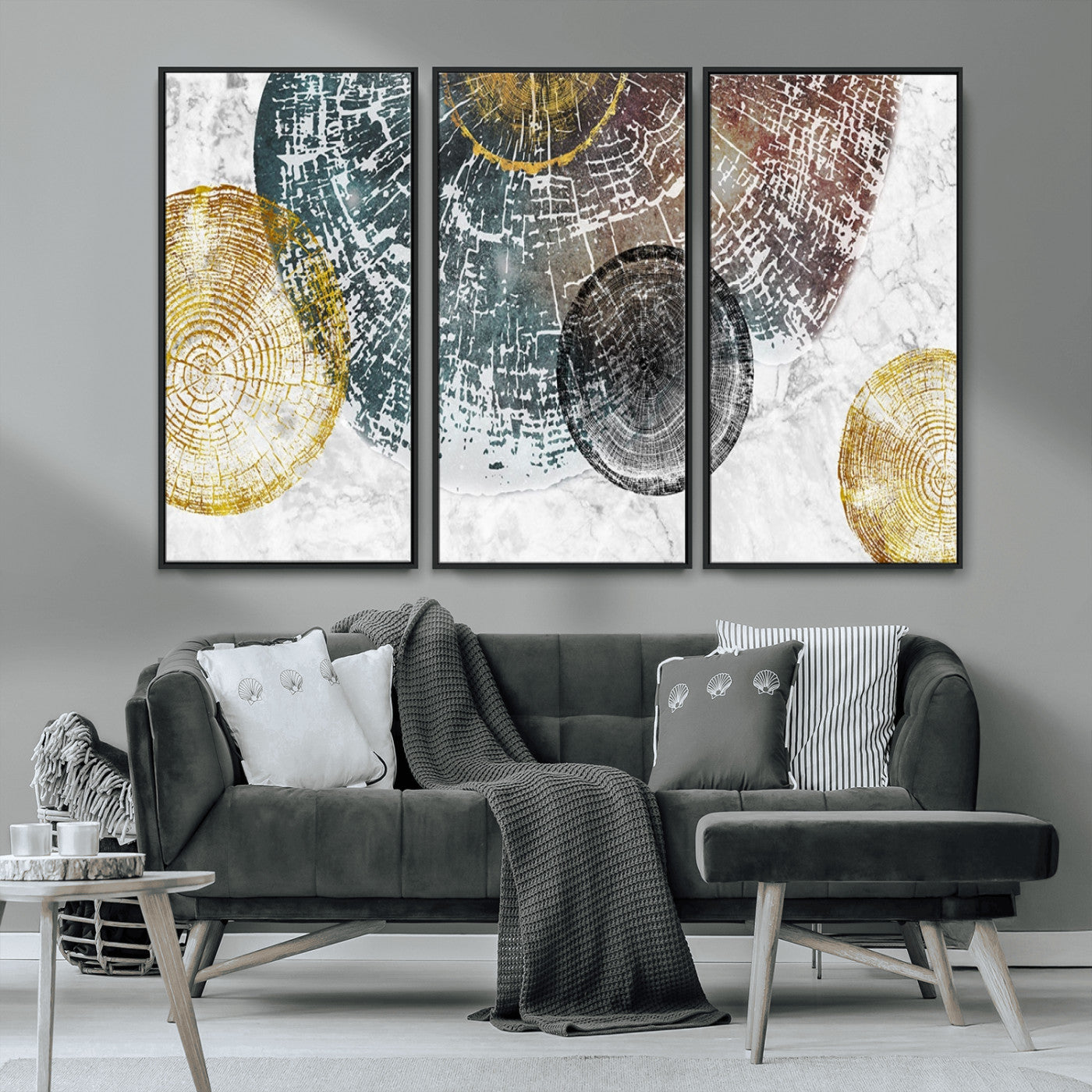 70653-MGV-CV-36X24-Abstract Tree Ring Wall Art – Modern Rustic Wood Slice Canvas Print with Gold Accents, Contemporary Nature Decor for Living Room,