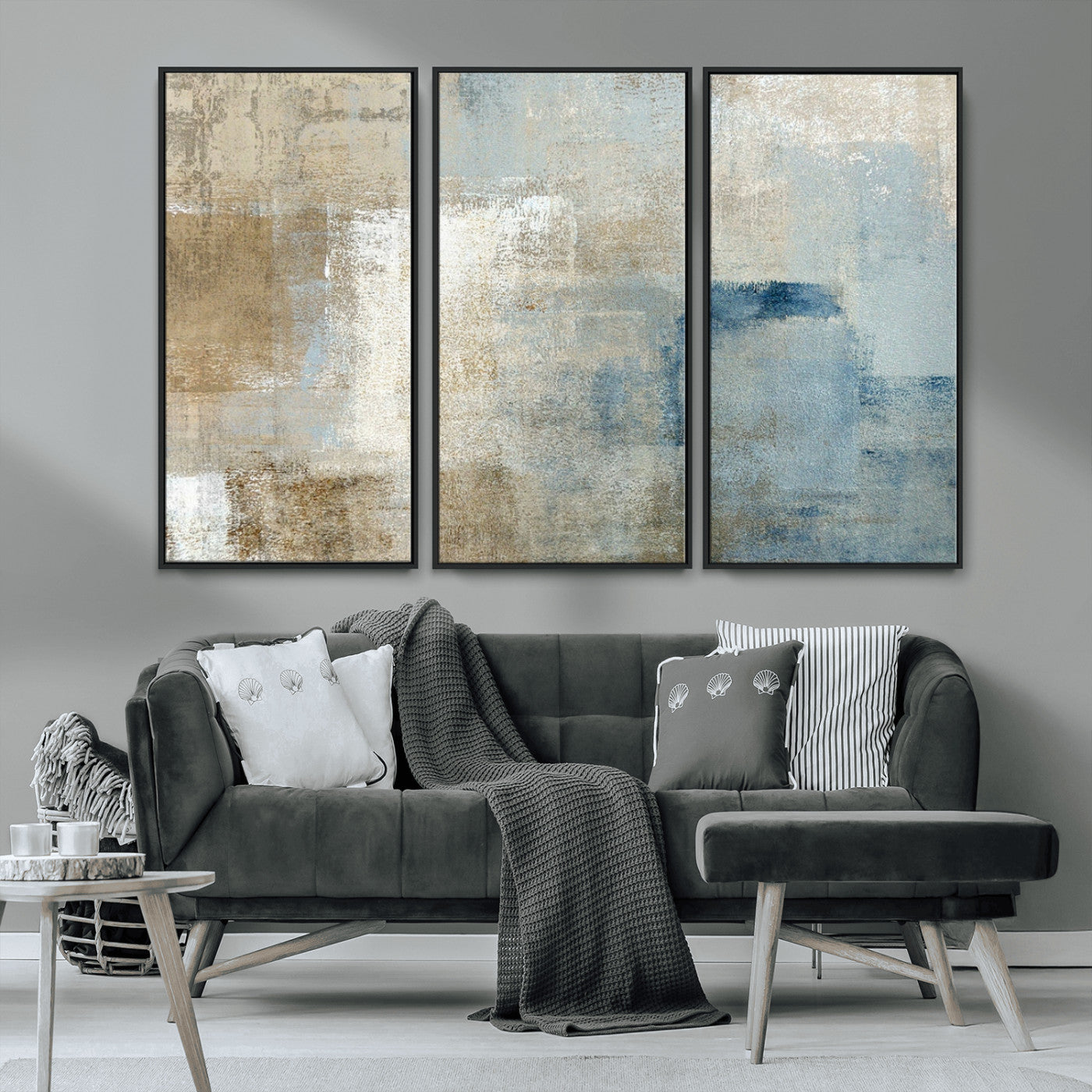 38126-MGV-CV-36X24-Neutral Abstract Wall Art – Modern Beige and Blue Canvas Print and Minimalist Textured Painting for Living Room, Bedroom or Office