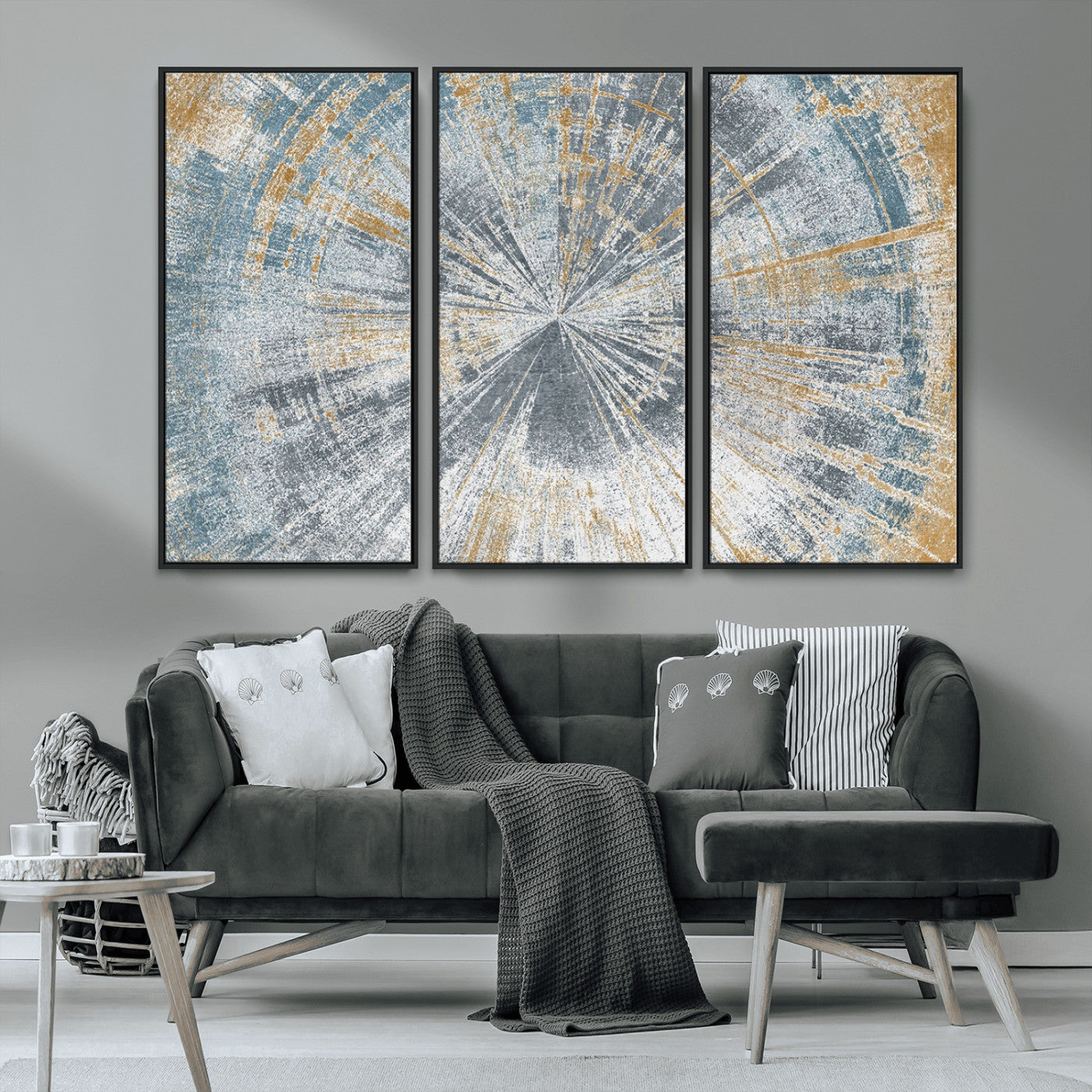 17631-MGV-CV-36X24-Radiant Burst Wall Art – Abstract Sunburst Canvas Print in Blue and Gold, Modern Geometric Painting for Living Room, Office or