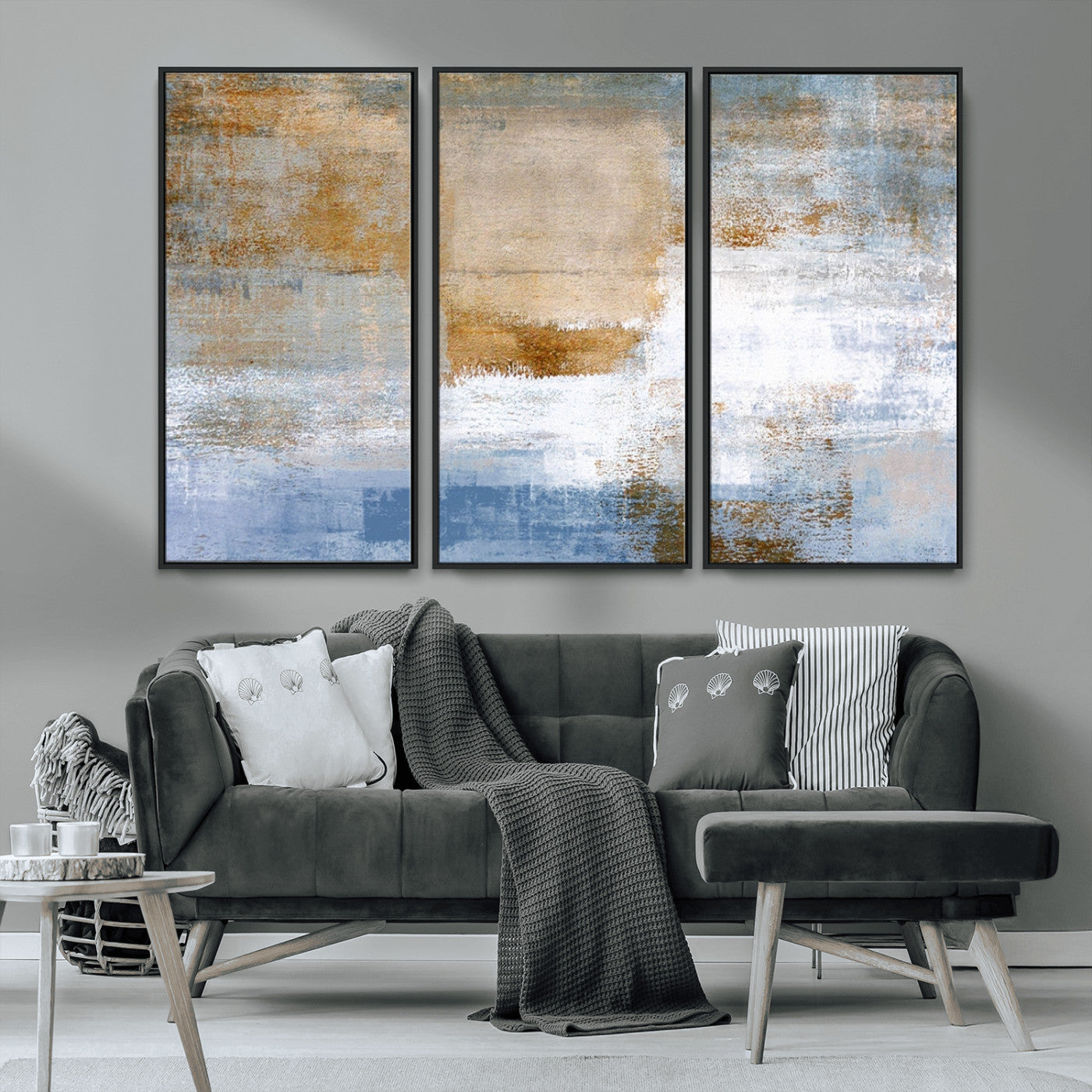 72354-MGV-CV-36X24-Blue and Gold Abstract Wall Art – Modern Minimalist Canvas Print, Textured Contemporary Painting for Living Room, Bedroom, or