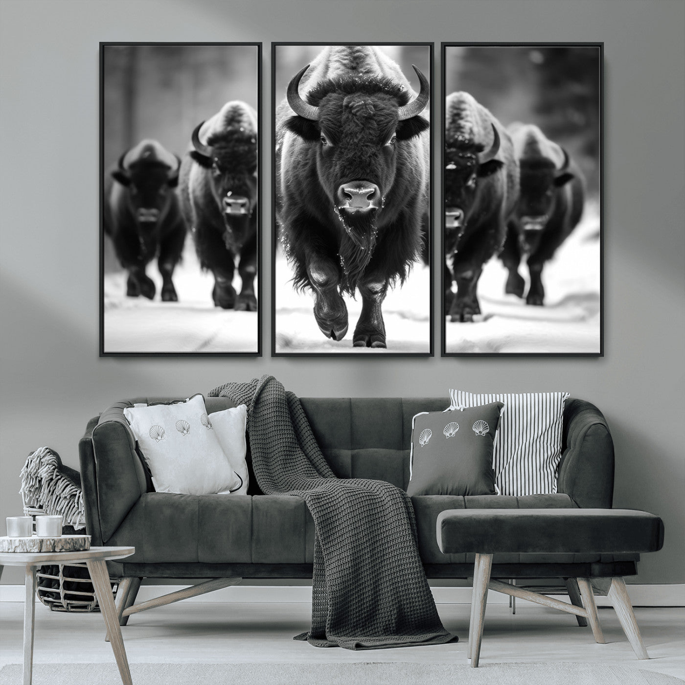 79872-MGV-CV-36X24-Bison Herd Wall Art – Black and White Buffalo on Snow Canvas Print, Rustic Wildlife Decor for Lodge, Cabin, or Living Room