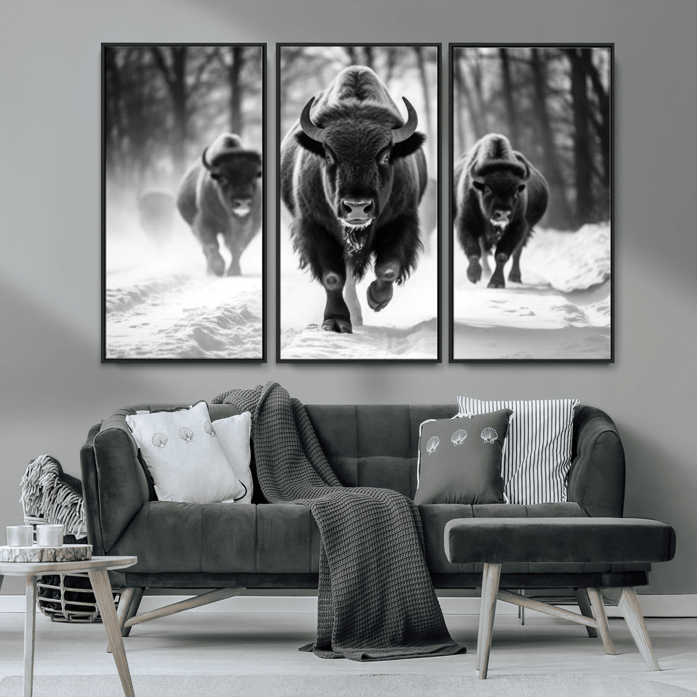 97552-MGV-CV-36X24-Black and White Bison Wall Art – Buffalo Herd Running in Snow Canvas Print, Rustic Wildlife Photography Decor for Cabin, Lodge, or