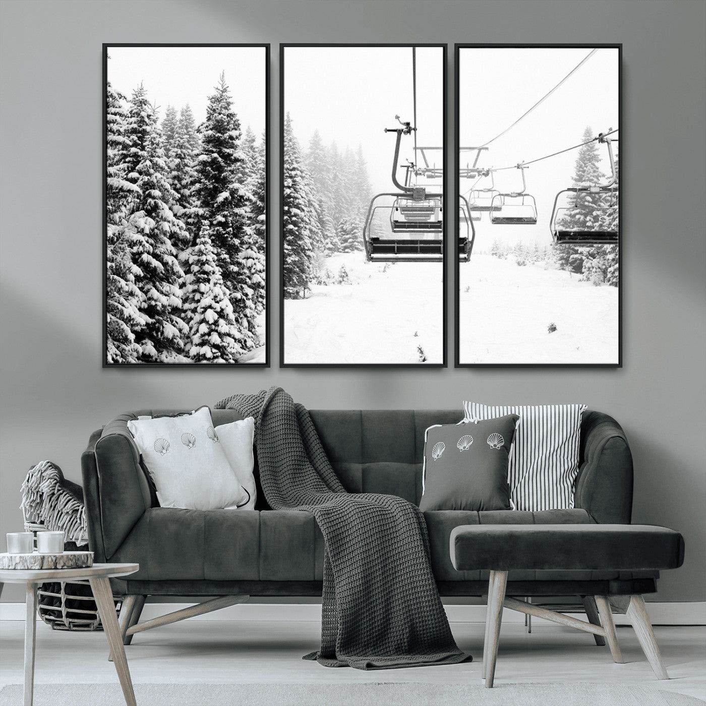 70609-MGV-CV-36X24-Snowy Ski Lift Wall Art – Black and White Winter Mountain Landscape Canvas Print, Rustic Lodge Decor for Cabin, Living Room or