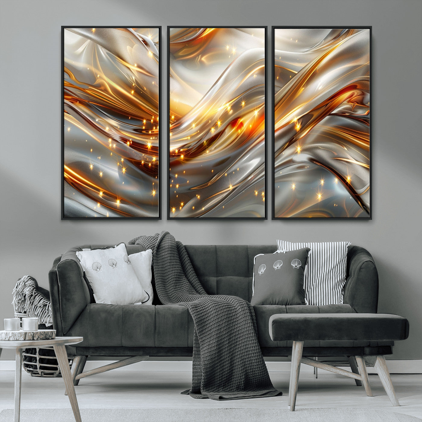 Lines1-MGV-CV-36X24-Abstract Metallic Wall Art – Silver and Gold Wave Canvas Print with Sparkling Accents, Modern Luxury Decor for Living Room, Office