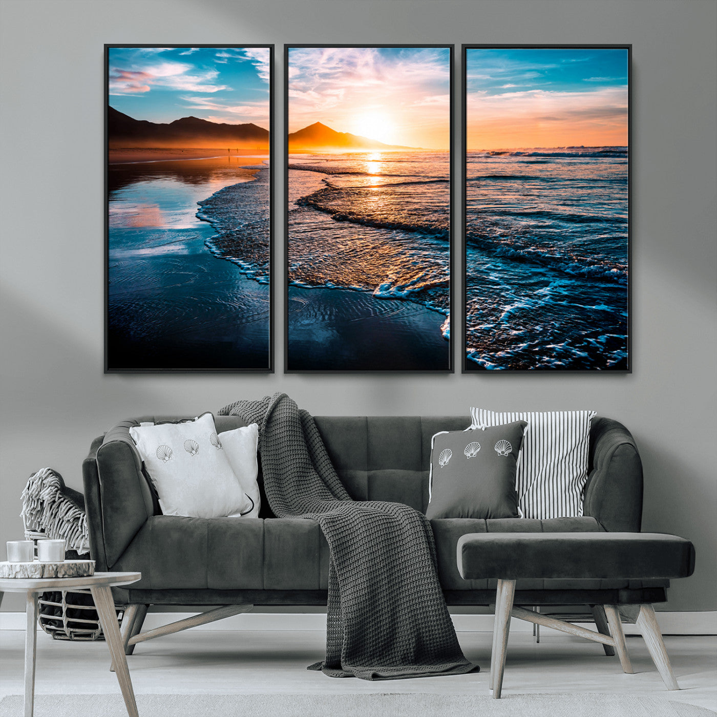 26494-MGV-CV-36X24-Ocean Sunset Wall Art – Scenic Beach Canvas Print with Waves and Mountains, Coastal Seascape Photography for Living Room, Bedroom