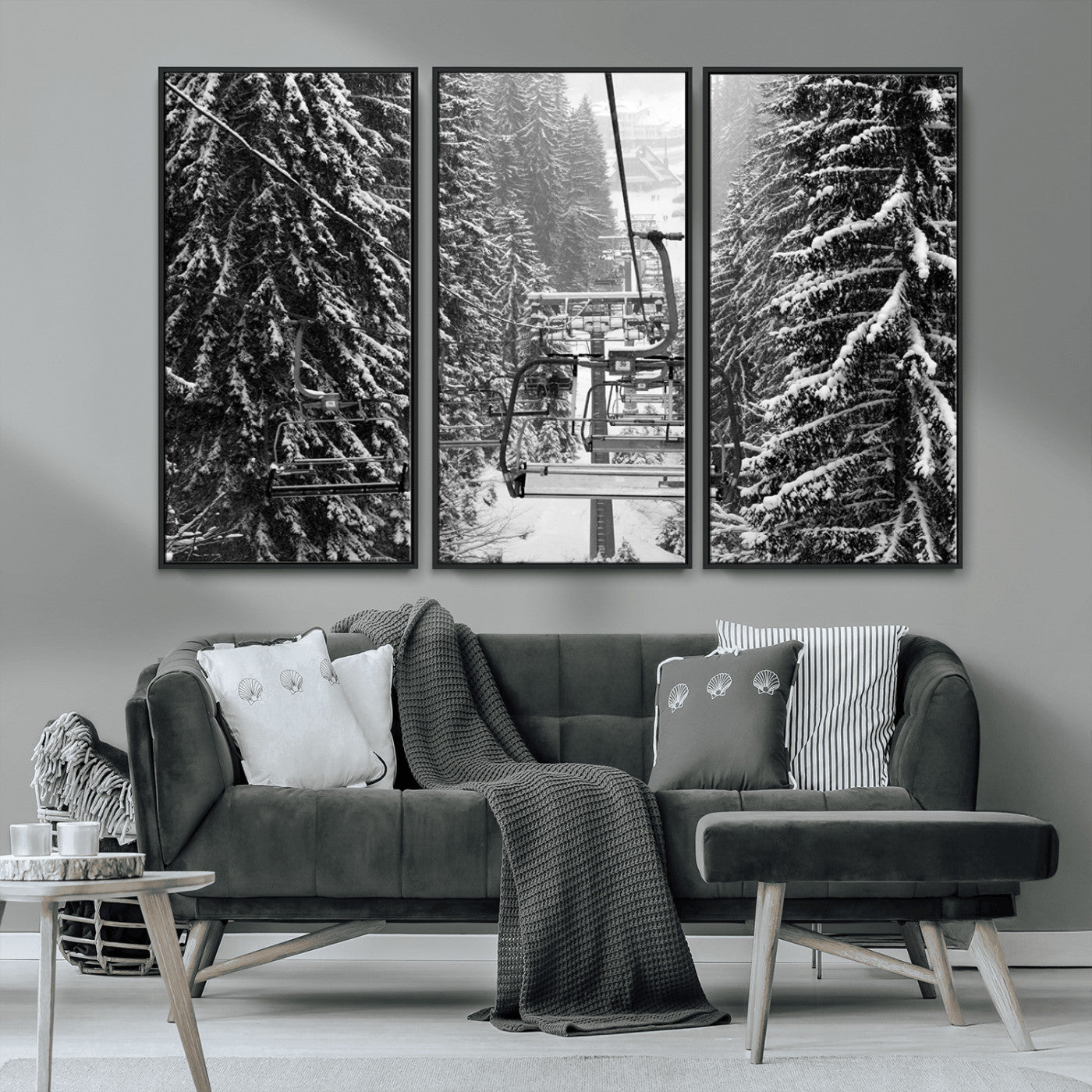 19240-MGV-CV-36X24-Ski Lift Wall Art – Black and White Winter Mountain Canvas Print, Snowy Forest Ski Resort Photography for Cabin, Lodge, Office or