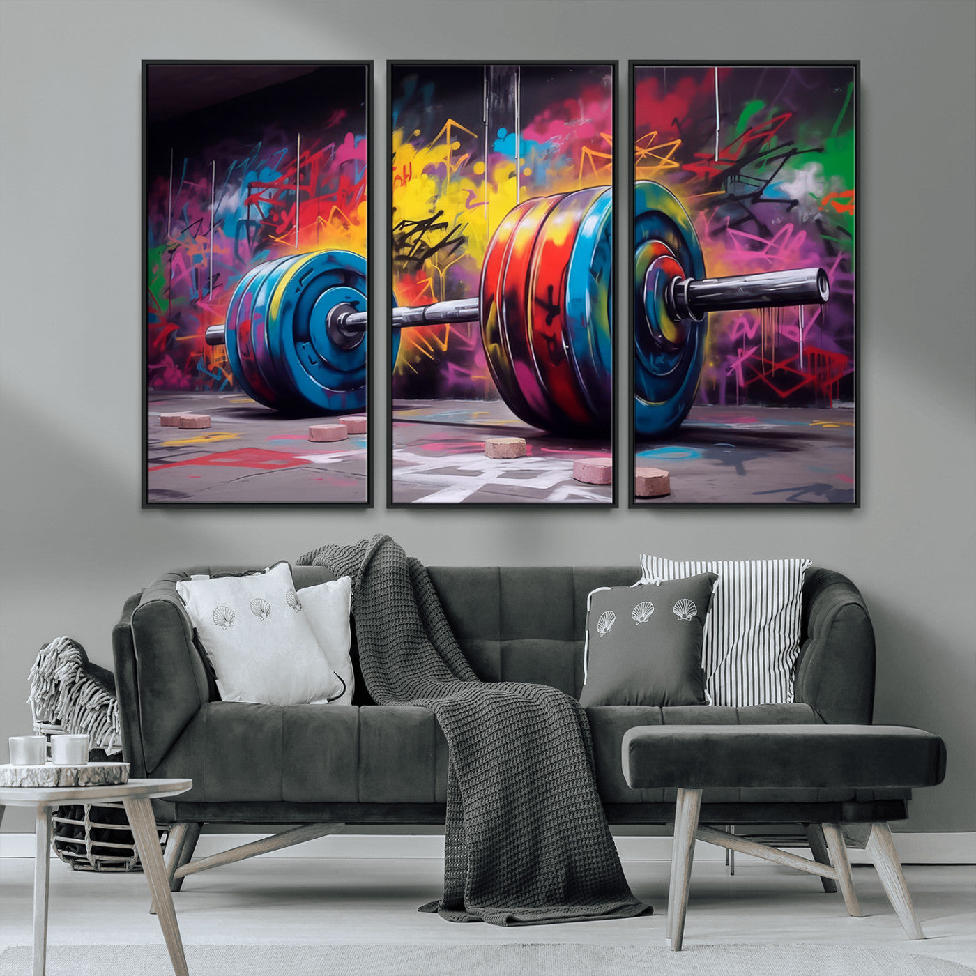 13549-MGV-CV-36X24-Graffiti Gym Wall Art Canvas Print, Framed Graffiti Barbell Art Picture Print, Weightlifting Perfect Fitness Studio Decor Artwork