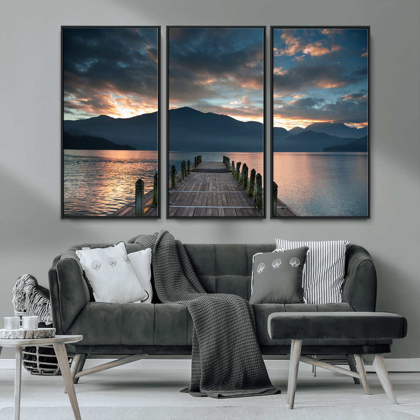 20442-MGV-CV-36X24-Lakeside Sunset Dock Wall Art – Peaceful Mountain Lake Canvas Print, Serene Nature Landscape Decor for Living Room, Bedroom or