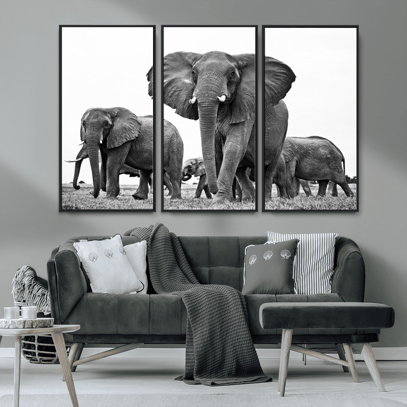 91685-MGV-CV-36X24-Elephant Herd Wall Art – Black and White Safari Canvas Print, African Wildlife Photography Decor for Living Room, Office or