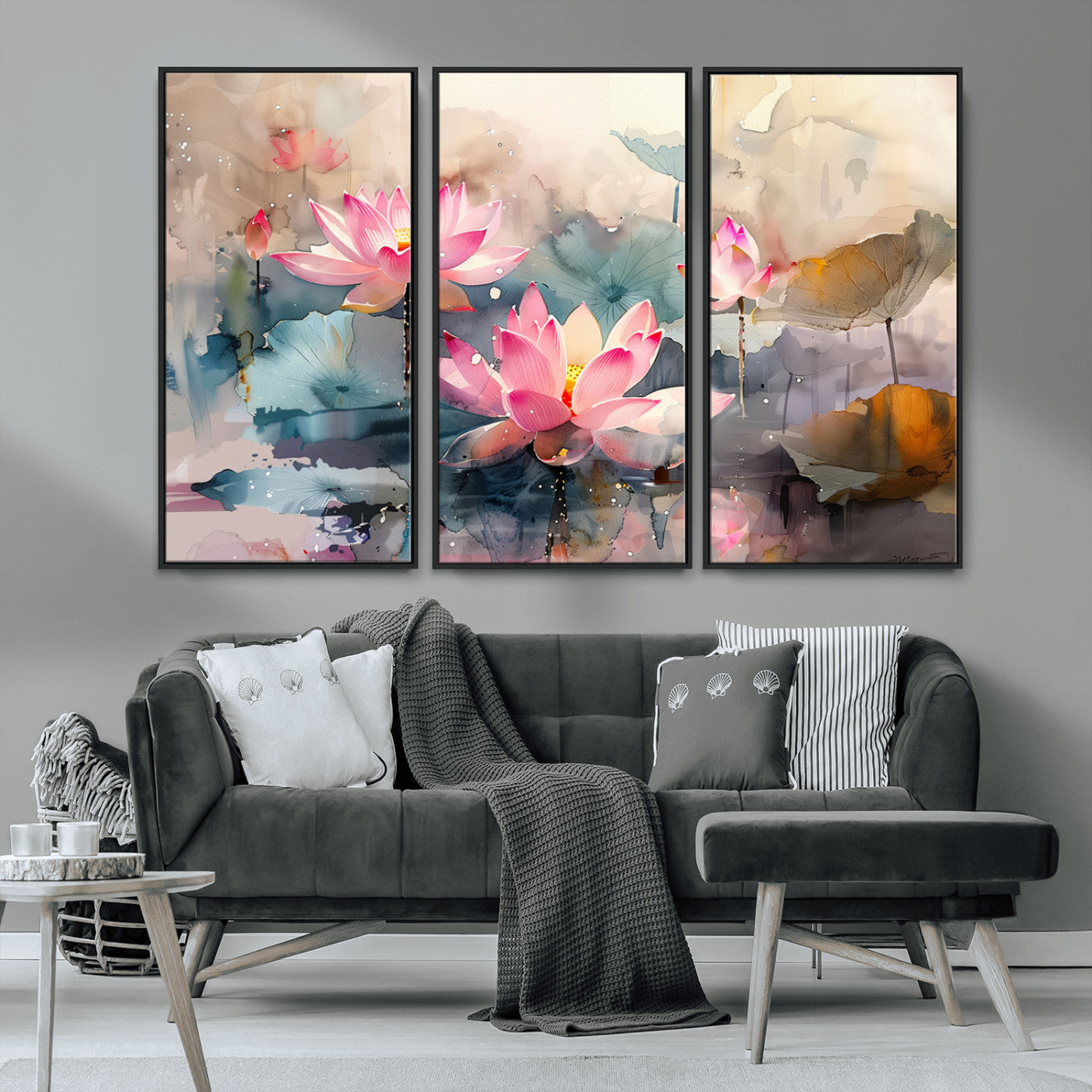 27936-MGV-CV-36X24-Lotus Pond Wall Art – Watercolor Pink Lotus Flowers Canvas Print, Tranquil Botanical Artwork for Bedroom, Living Room or