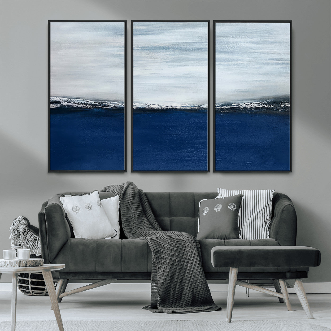 62197-MGV-CV-36X24-Abstract Ocean Wall Art – Minimalist Blue and White Canvas Print, Modern Coastal Seascape Painting for Bedroom, Living Room or
