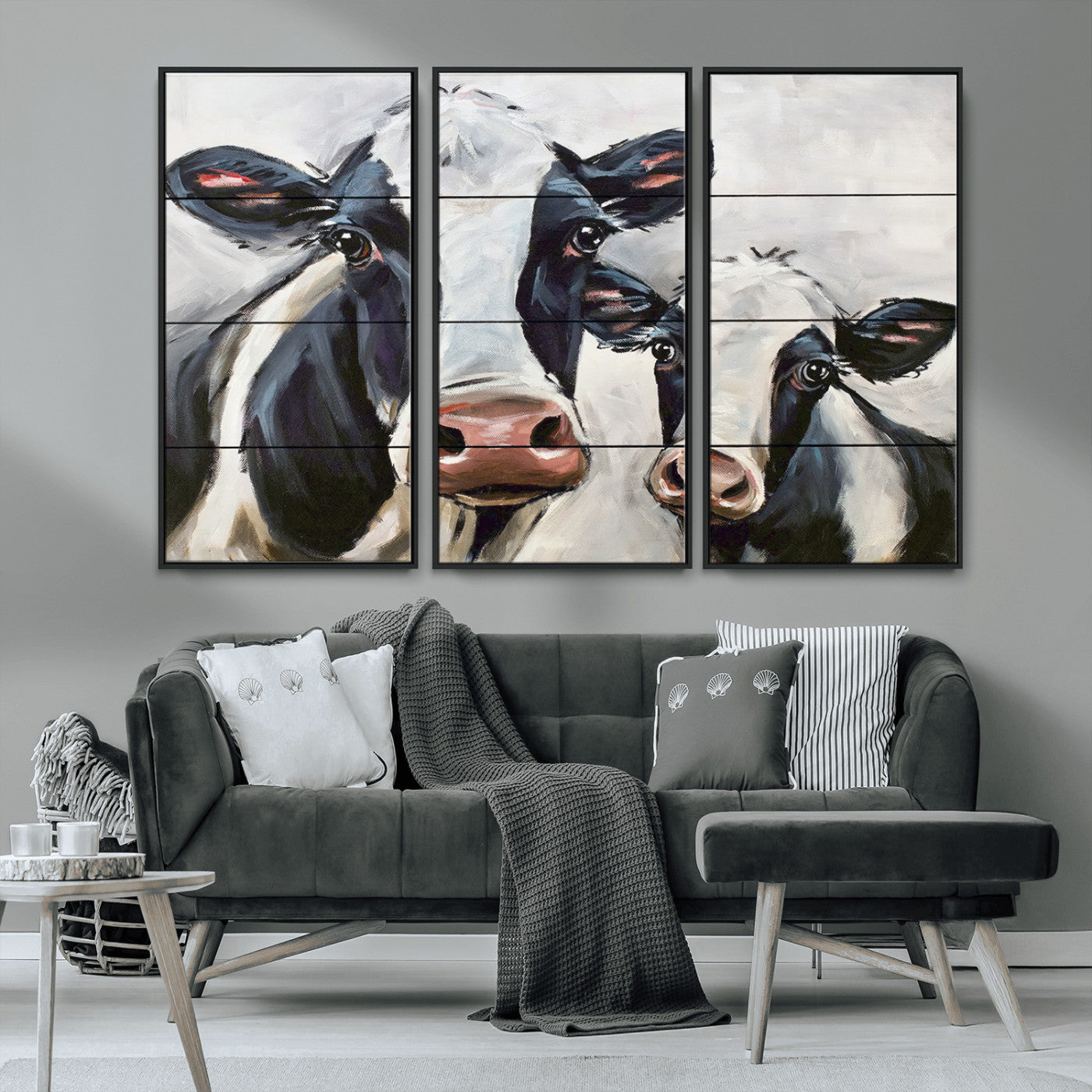 28934-MGV-FC-48X32-3P_Black-Farmhouse Cow Wall Art – Rustic Black and White Dairy Cattle Canvas Print, Country Barn Animal Painting for Kitchen, Living Room