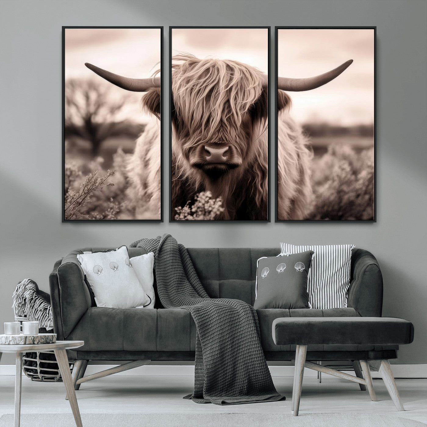 55903-MGV-CV-36X24-Highland Cow Wall Art – Rustic Sepia Scottish Highland Bull Canvas Print, Farmhouse Country Animal Decor for Living Room, Bedroom