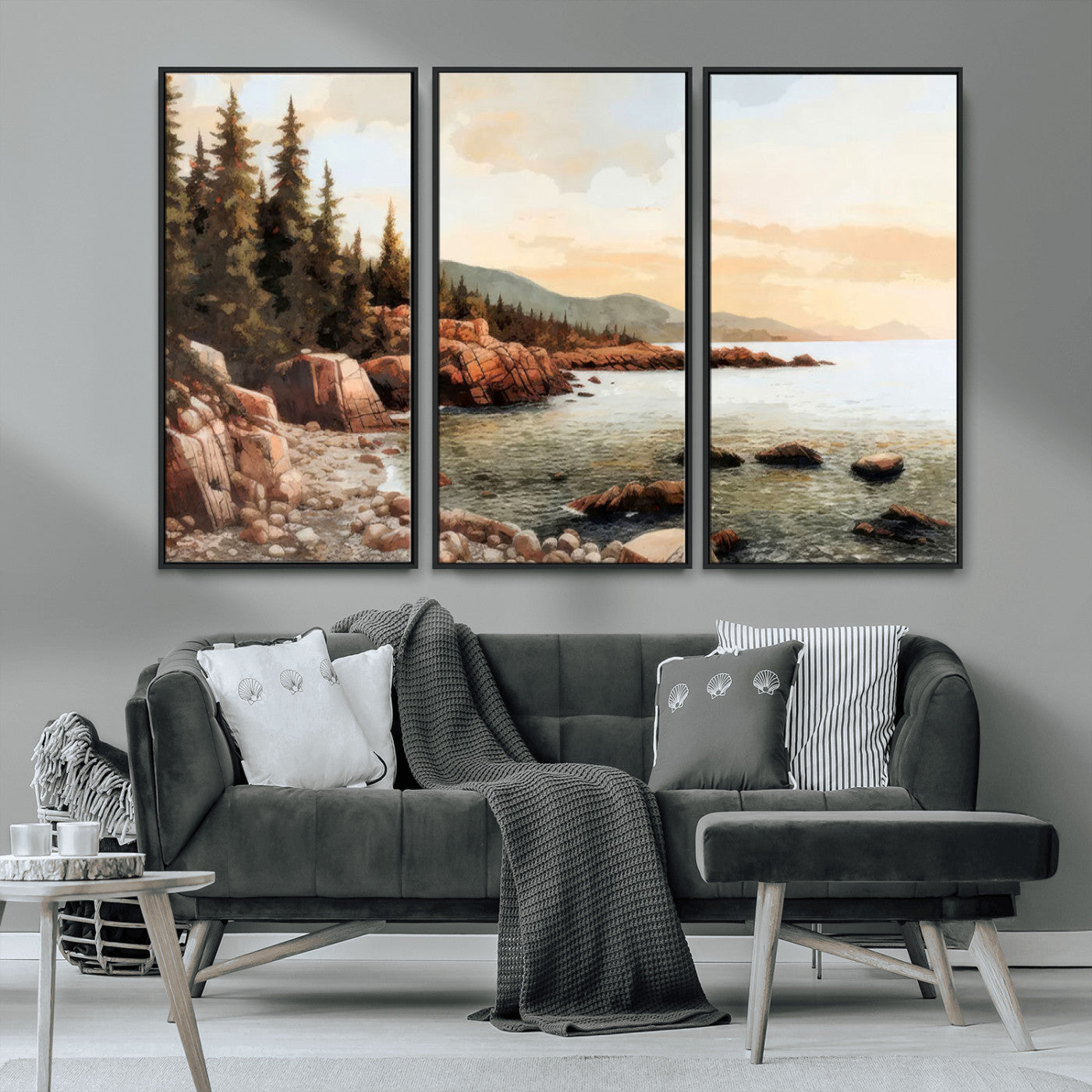 77145-MGV-CV-36X24-Coastal Landscape Wall Art – Panoramic Rocky Shoreline and Pine Trees Canvas Print, Rustic Nature Decor for Cabin, Lodge, Office,