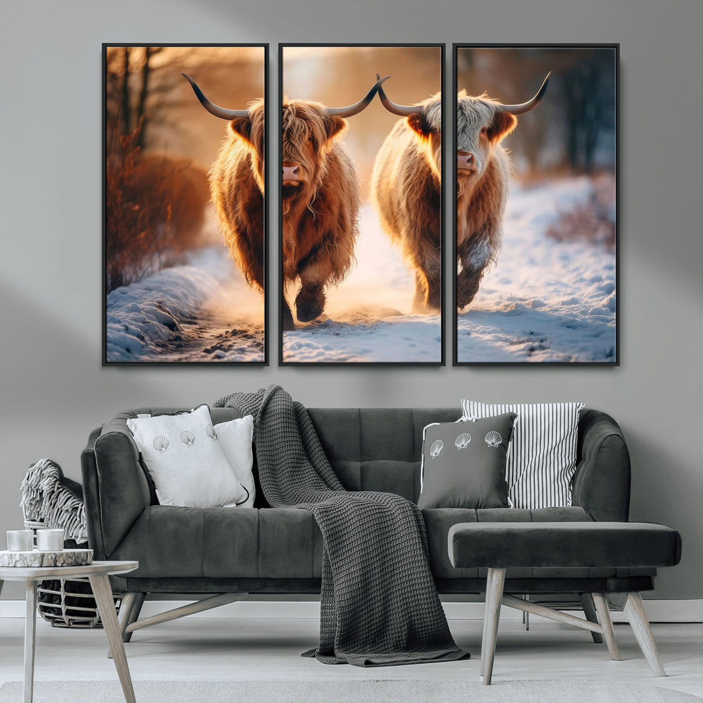 94810-MGV-CV-36X24-Highland Cow Wall Art – Rustic Canvas Print Two Cattle Snow Path Sunset, Farmhouse Country Decor for Living Room, Bedroom, Office,