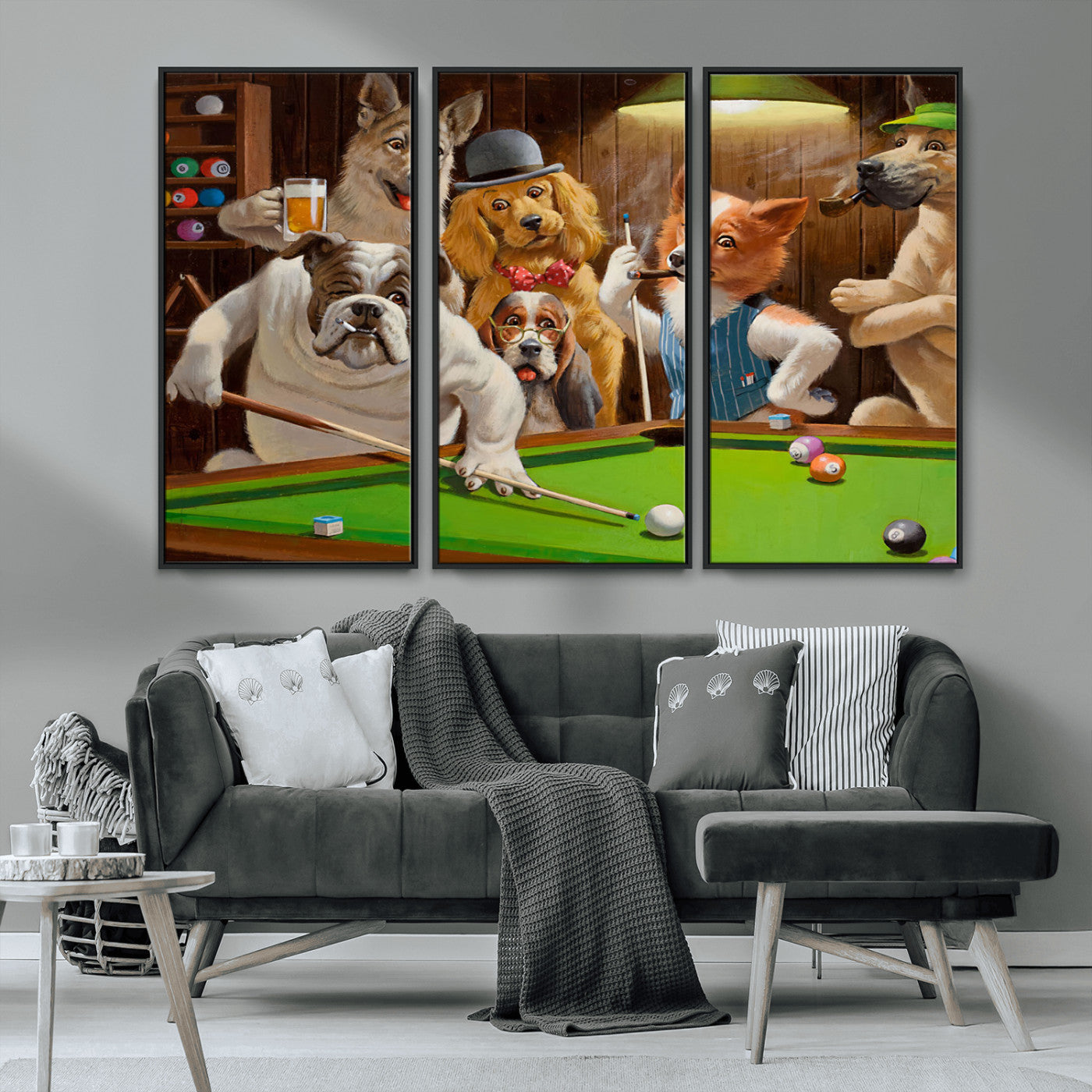 34228-MGV-CV-36X24-Dogs Playing Pool Wall Art Canvas Print, Framed Funny Dog Art Picture Print, Dog Perfect Game Room Decor Artwork