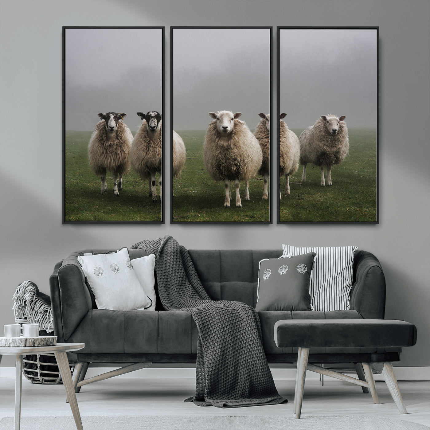 87339-MGV-CV-36X24-Sheep Wall Art – Rustic Farmhouse Canvas Print Flock Standing Misty Field Countryside Photography, Country Animal Decor for Living