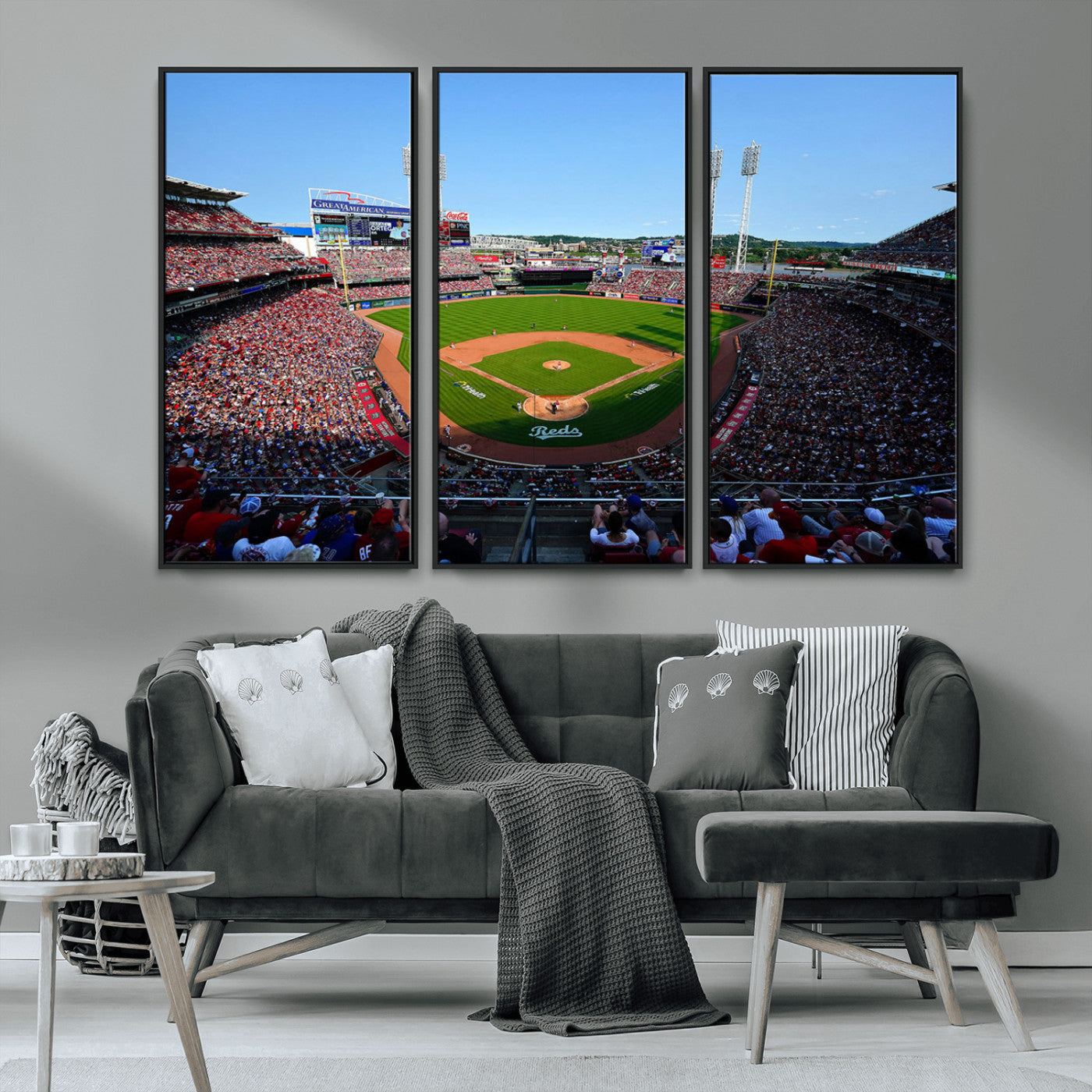 90998-MGV-CV-36X24-Baseball Stadium Wall Art – Canvas Print Day Game Field Packed Crowd Bright Blue Sky Sports Photography, Classic Decor for Game