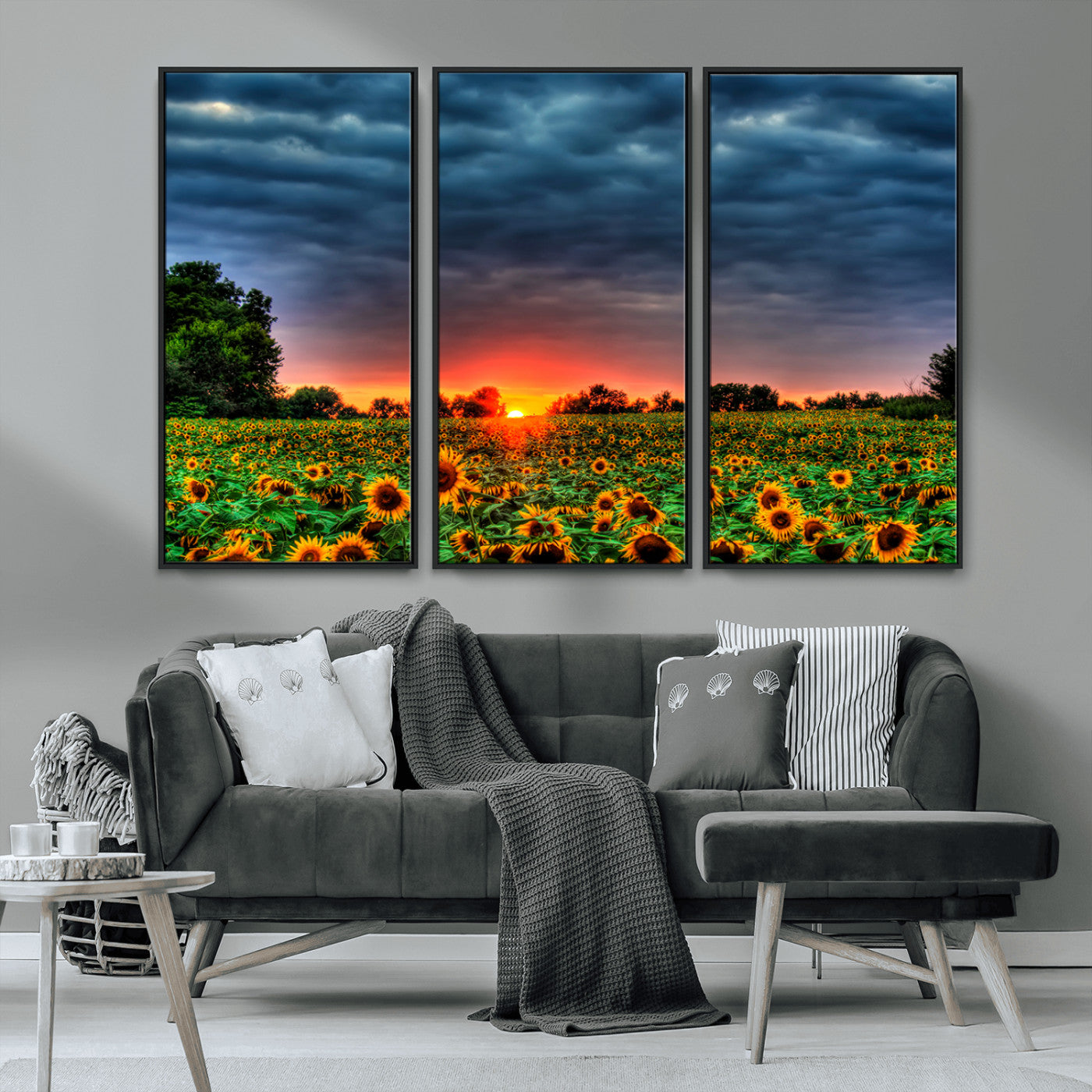 45045-MGV-FC-48X32-3P_Black-Sunflower Field Sunset Wall Art – Dramatic Stormy Sky Landscape Print, Vibrant Yellow Floral Nature Canvas for Living Room,