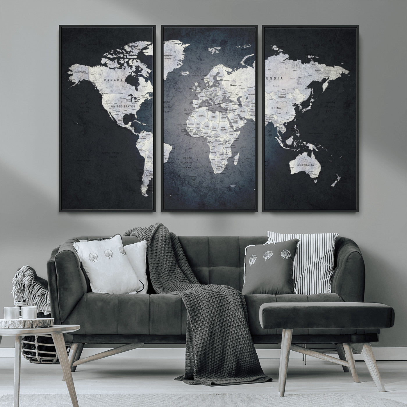 19124-MGV-CV-36X24-Modern World Map Wall Art – Black and White Canvas Print, Minimalist Global Map Decor for Office, Study, Bedroom or Living Room