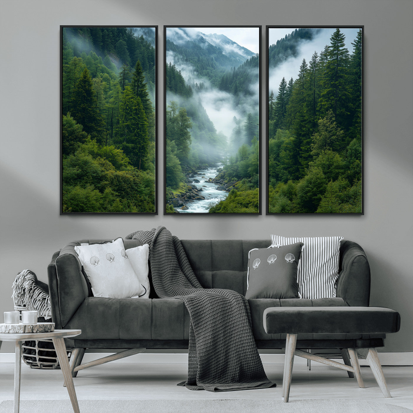 69453-MGV-CV-36X24-Mountain Forest Wall Art – Misty River and Evergreen Landscape Canvas Print, Nature Photography Poster for Living Room, Bedroom,
