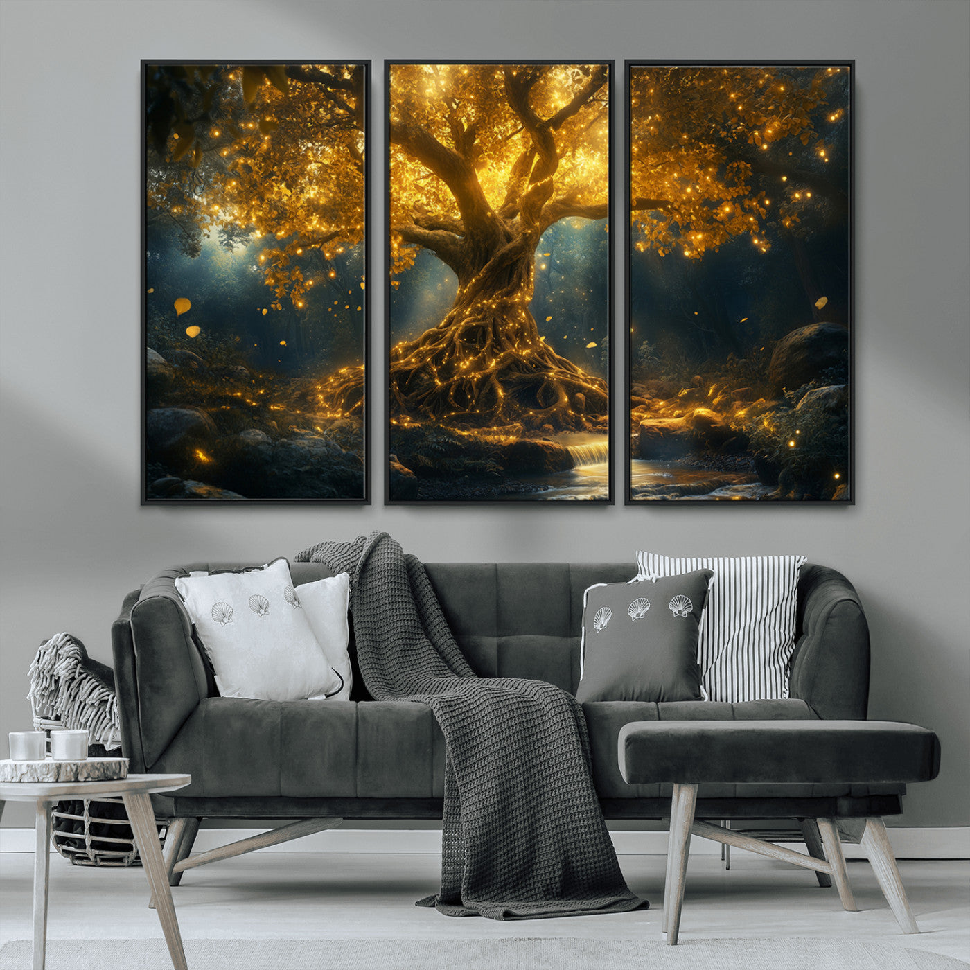 92739-MGV-FC-48X32-3P_Black-Glowing Tree Wall Art – Enchanted Golden Forest Canvas Print, Mystical Illuminated Nature Painting Poster for Living Room,