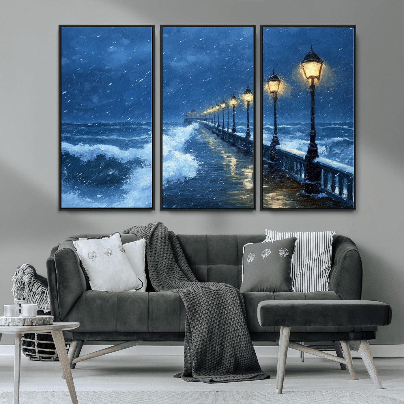 32668-MGV-CV-36X24-Stormy Pier Wall Art – Ocean Waves and Street Lamps Canvas Print, Rainy Night Seascape Oil Painting Poster for Living Room,