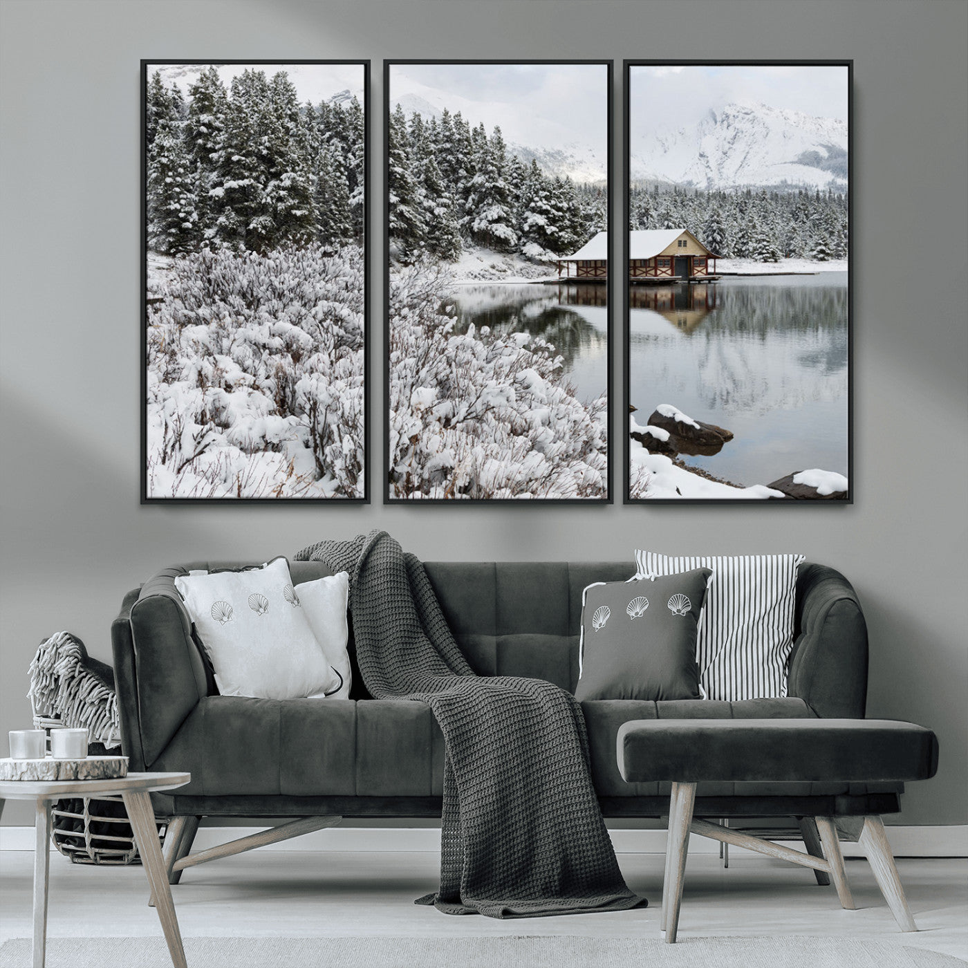 29975-MGV-CV-36X24-Winter Cabin by the Lake Wall Art – Snowy Mountain Landscape Canvas Print, Rustic Lodge Cabin Decor for Cozy Living Room, Bedroom