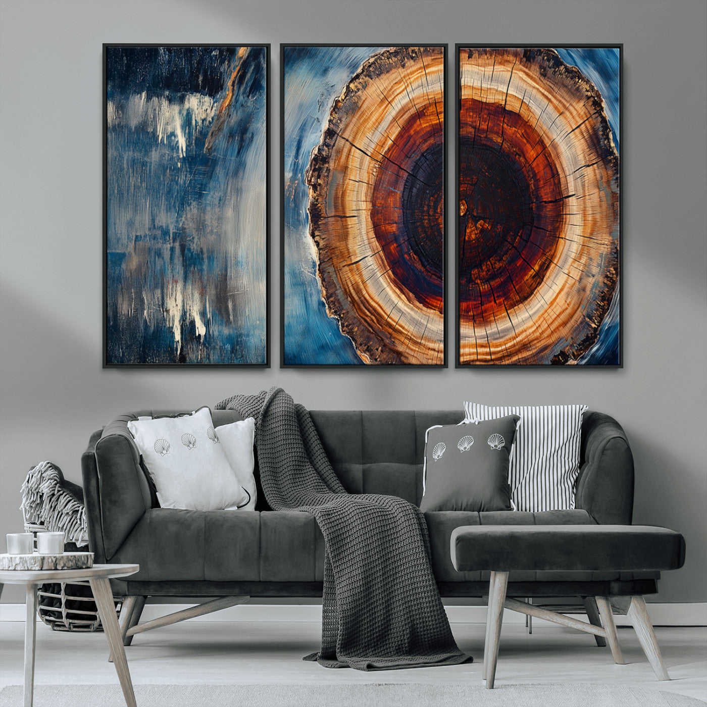 48045-MGV-CV-36X24-Tree Ring Abstract Wall Art – Rustic Wood Grain Canvas Print with Brown Center and Blue Brush Strokes, Nature Inspired Artwork for