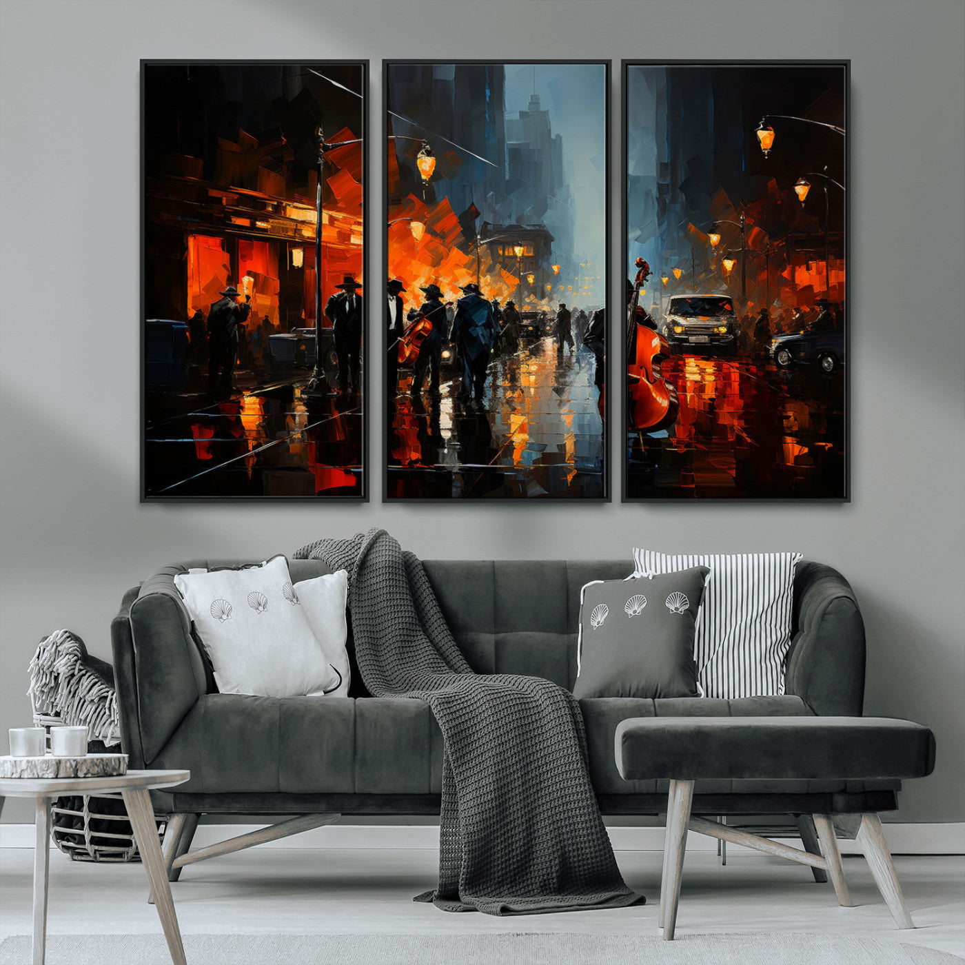 46538-MGV-CV-36X24-Urban Jazz Night Wall Art – Dramatic Music Canvas Print with Double Bass and Street Musicians, Modern City Scene Artwork for