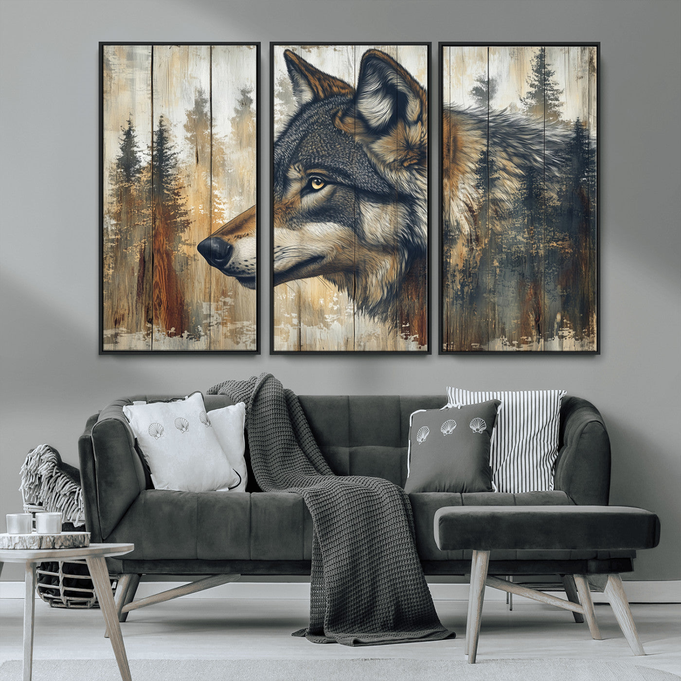 91882-MGV-CV-36X24-Wolf Wall Art – Rustic Canvas Print of Forest Wolf on Wood Background, Wildlife Lodge Artwork for Living Room, Bedroom, Cabin, or