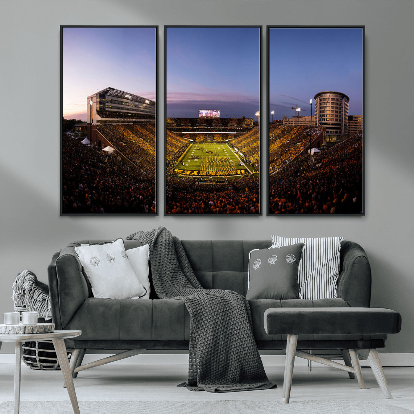 82557-MGV-CV-36X24-College Football Stadium Wall Art – Panoramic Sunset Canvas Print with Marching Band and Game Day Crowd, Sports Artwork for Man