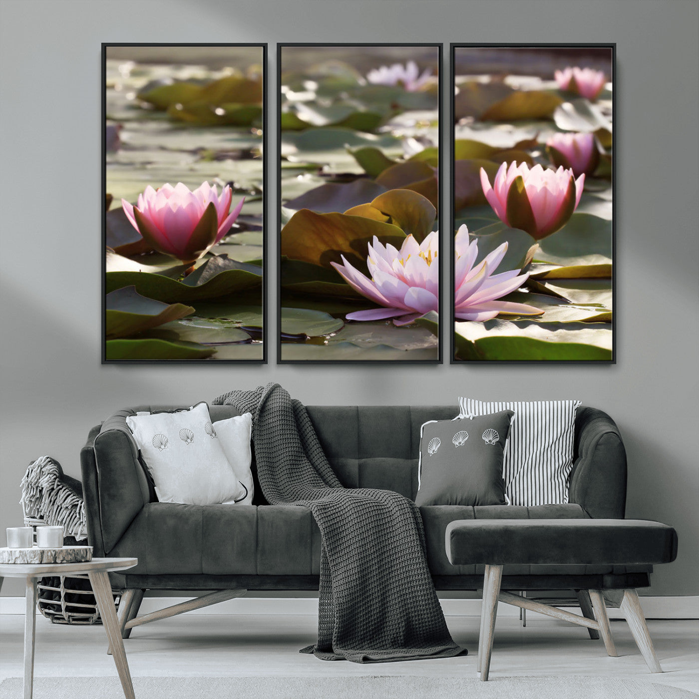 28394-MGV-CV-36X24-Water Lily Pond Wall Art – Pink Lotus Flowers Canvas Print with Green Lily Pads, Peaceful Botanical Artwork for Living Room,