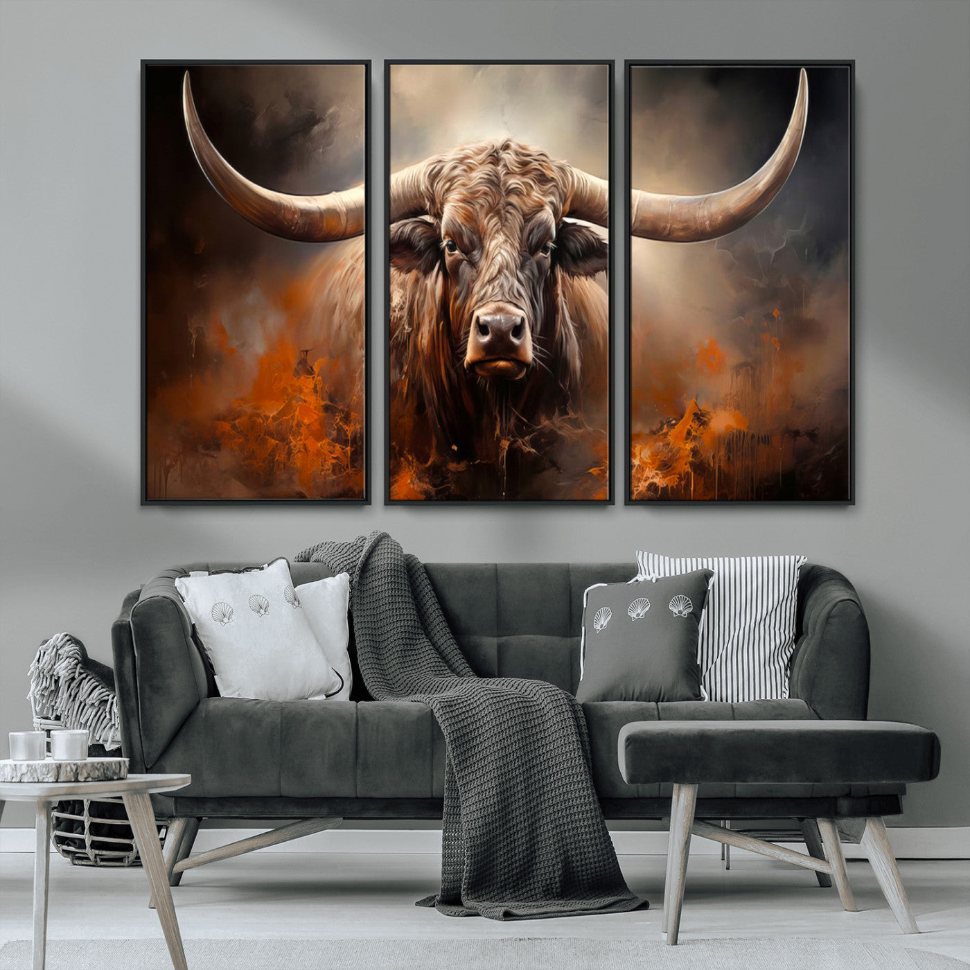 240479-MGV-CV-36X24-Longhorn Bull Wall Art – Dramatic Western Canvas Print Featuring Horned Bull with Fiery Background, Rustic Farmhouse Artwork for