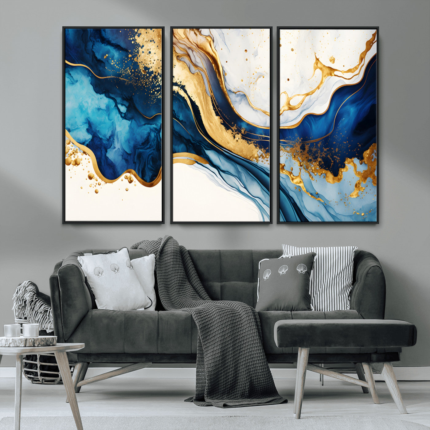 60283636-MGV-CV-36X24-Blue Gold Flow Wall Art Canvas Print, Framed Marble Texture Art Picture Print, Elegant Splash Perfect Elegant Abstract Decor