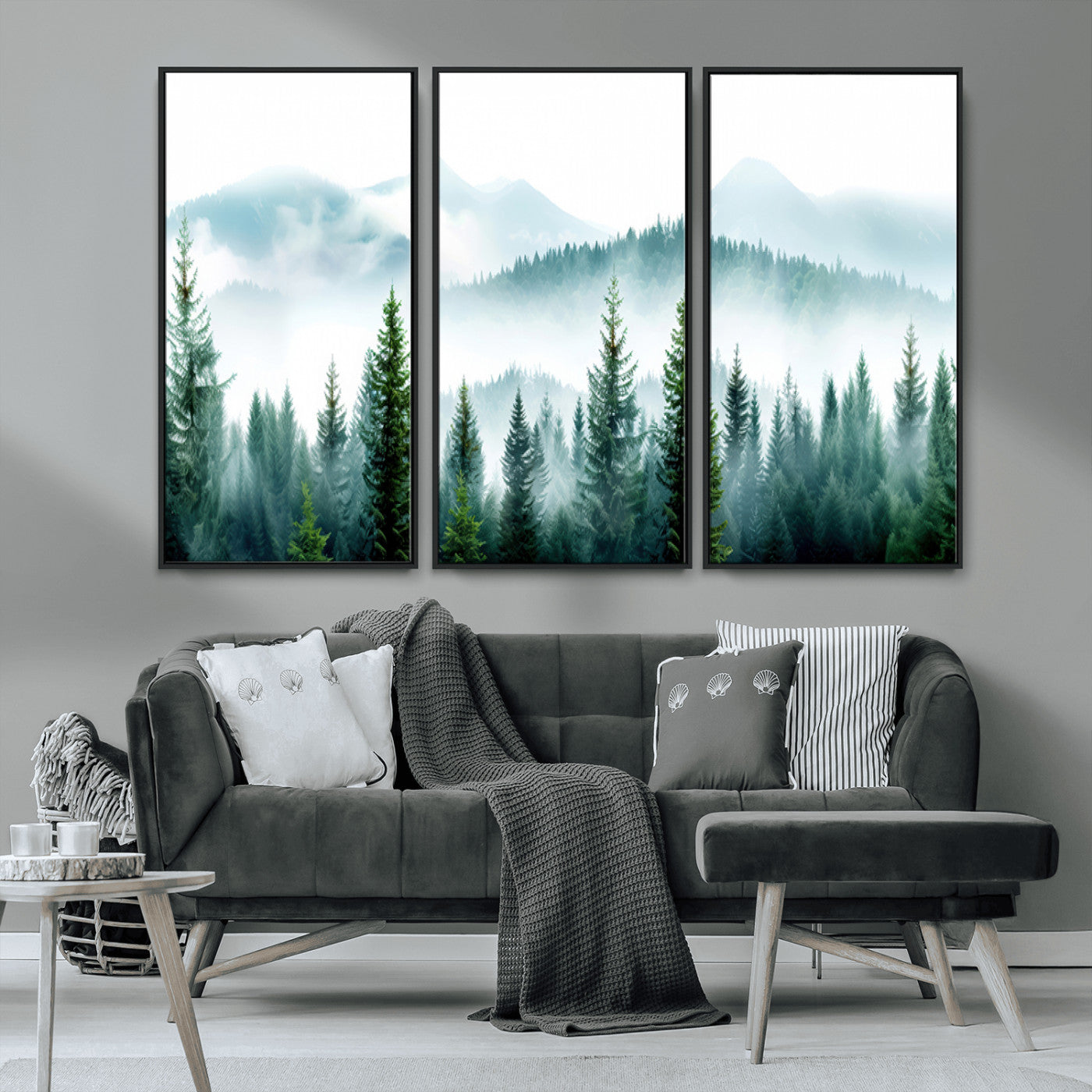 16716676-MGV-CV-36X24-Pine Forest Wall Art Canvas Print, Framed Misty Mountains Art Picture Print, Foggy Trees Perfect Moody Forest Decor Artwork
