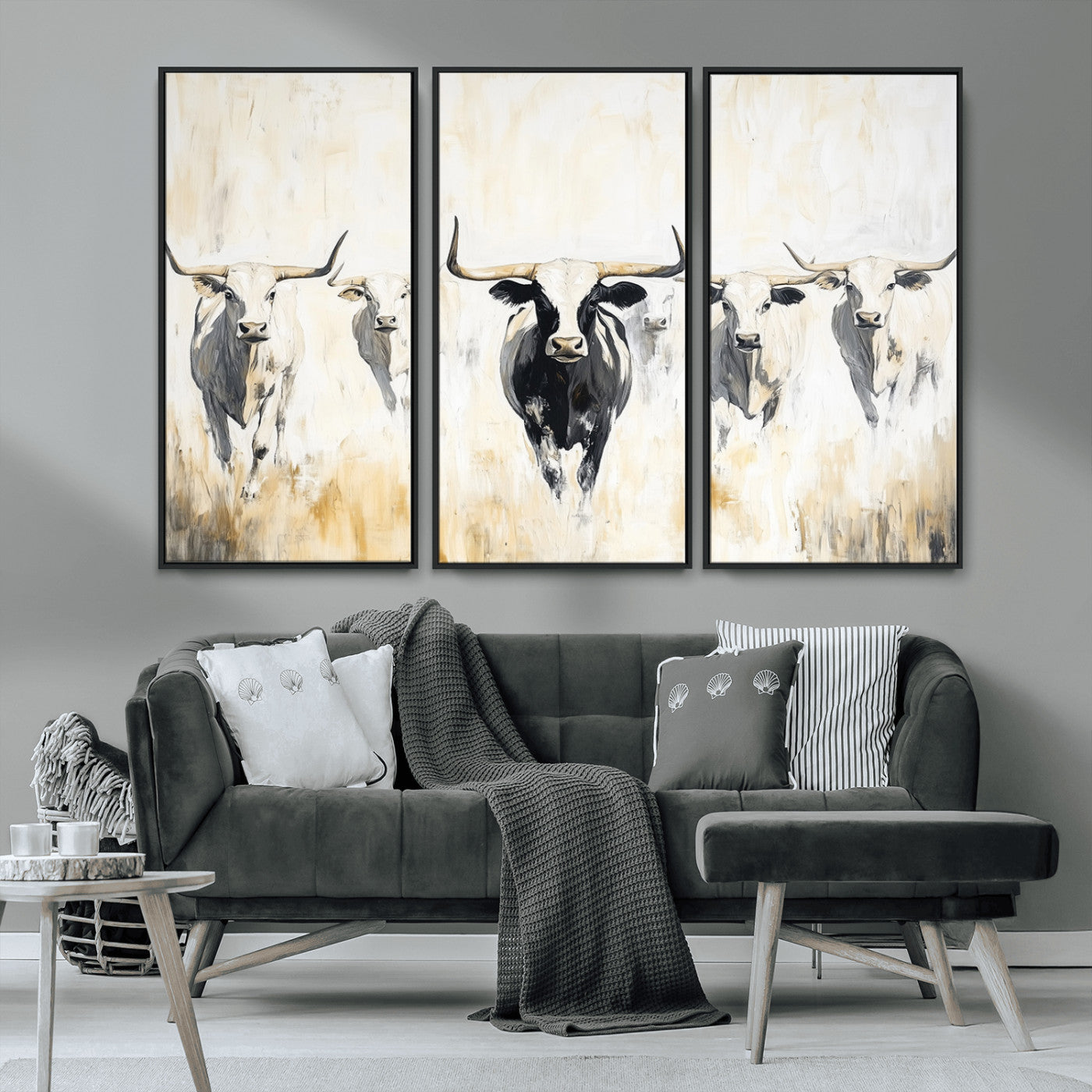 40397799-MGV-CV-36X24-Texas Longhorn Wall Art Canvas Print, Framed Rustic Herd Art Picture Print, Western Bull Perfect Neutral Western Decor Artwork