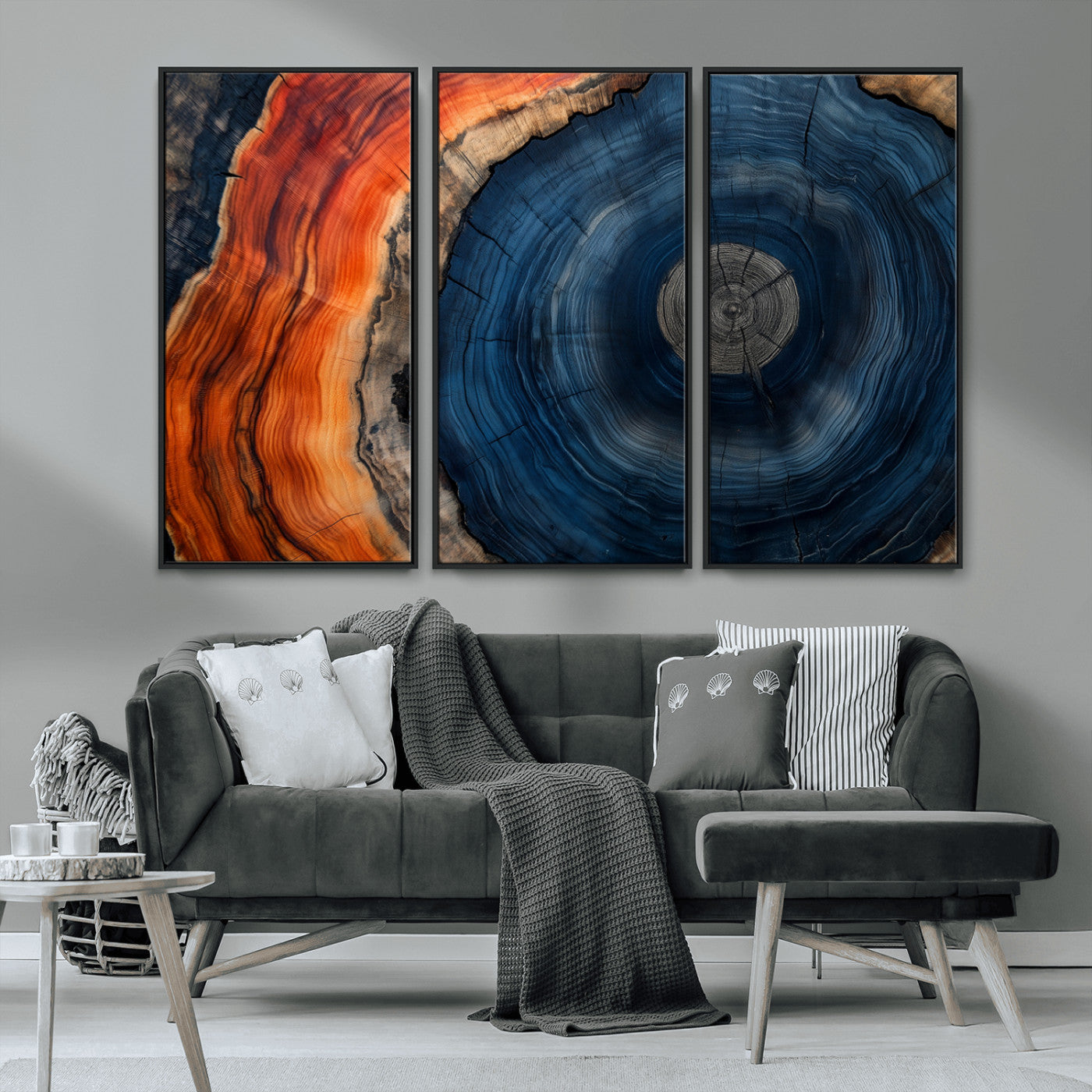 99491700-MGV-CV-36X24-Tree Ring Canvas Wall Art – Blue Orange Abstract Wood Grain Print, Rustic Modern Nature Artwork for Living Room, Office, Bedroom