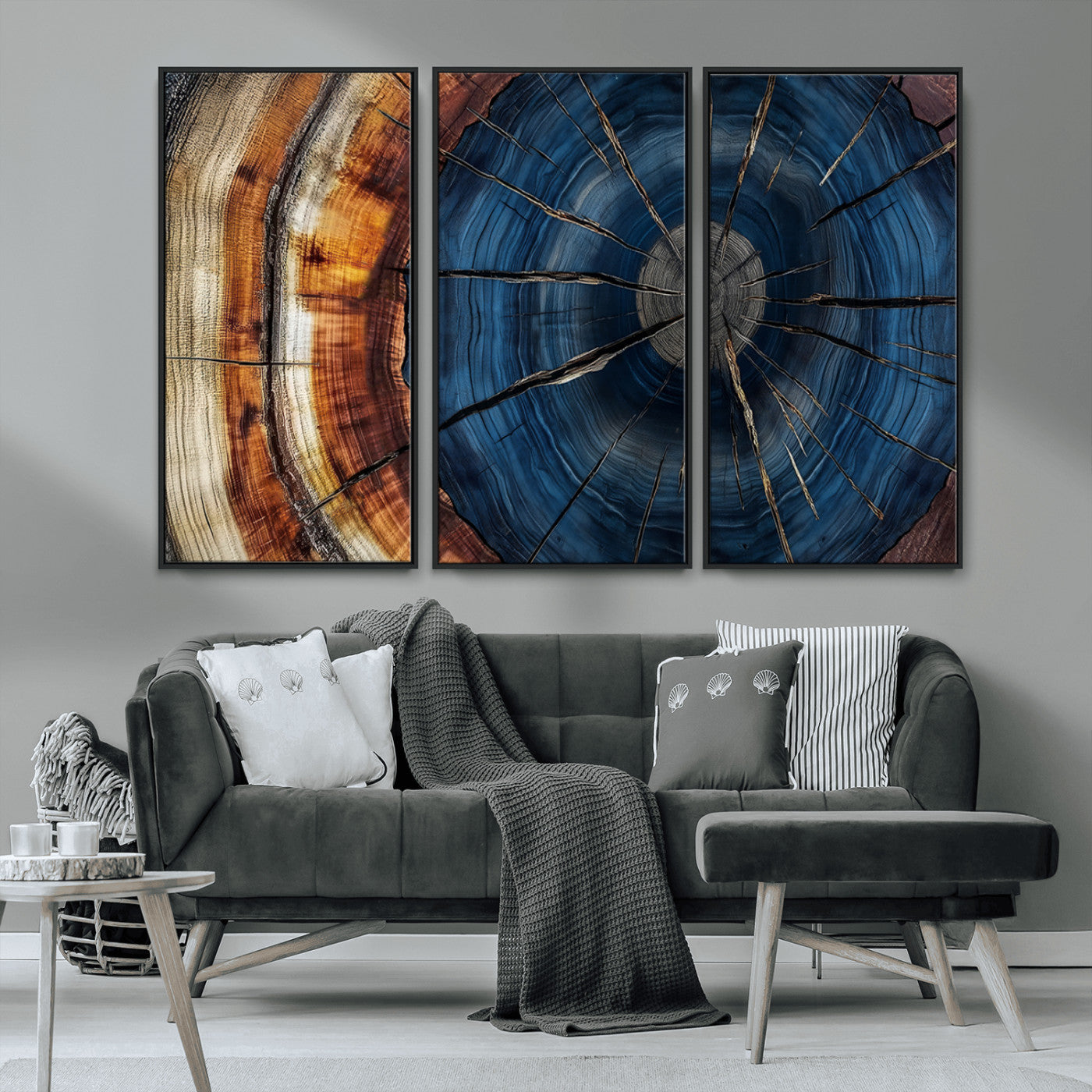 60099360-MGV-CV-36X24-Blue Tree Ring Wall Art – Rustic Wood Grain Canvas Print, Modern Abstract Artwork with Natural Texture for Living Room, Bedroom,